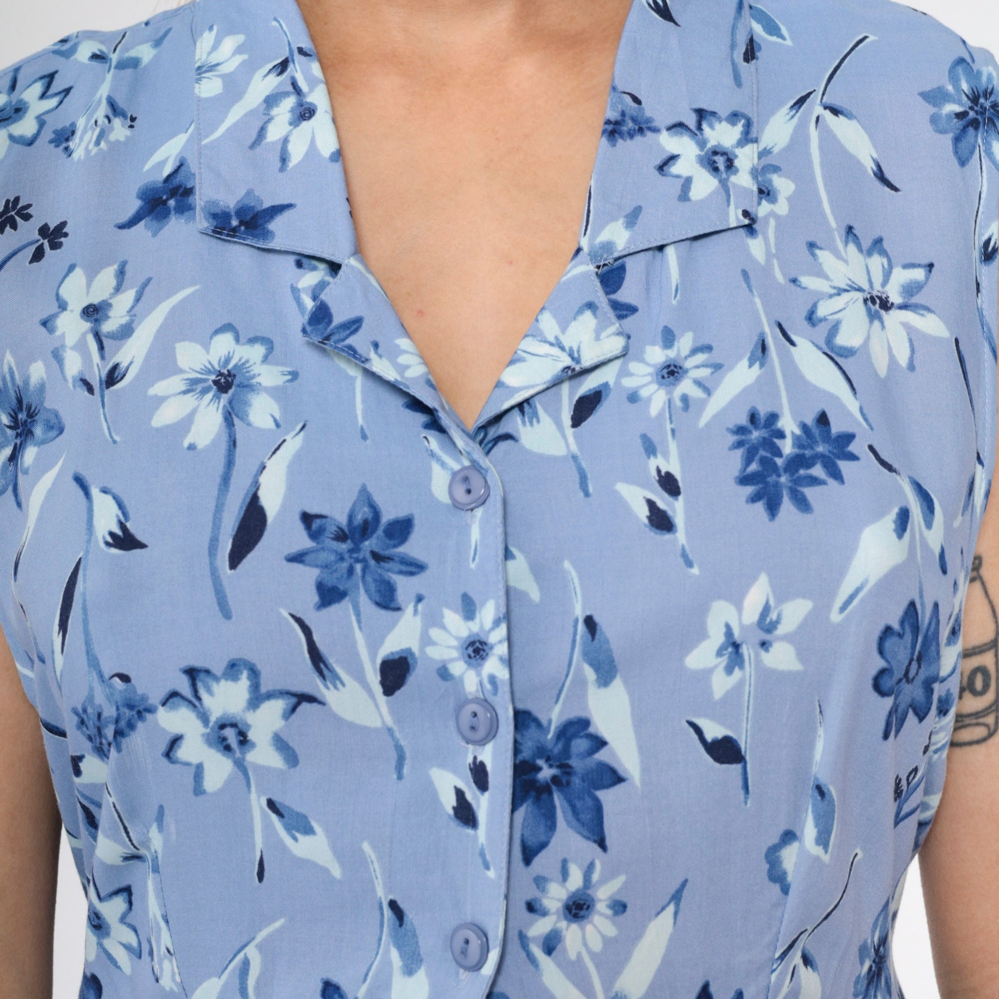 90s Blue Floral Button-Up Mini Dress Sleeveless Collared A-Line Large L