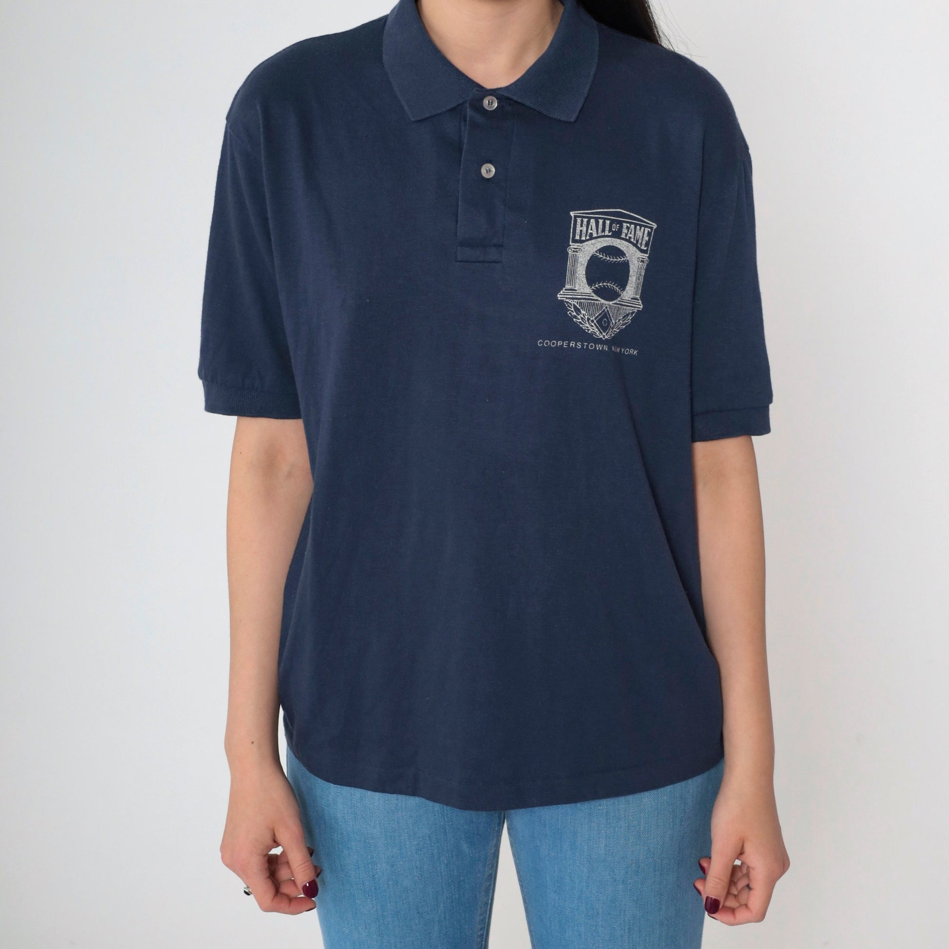 80s Baseball Hall of Fame Cooperstown Navy Button-Up Shirt Medium