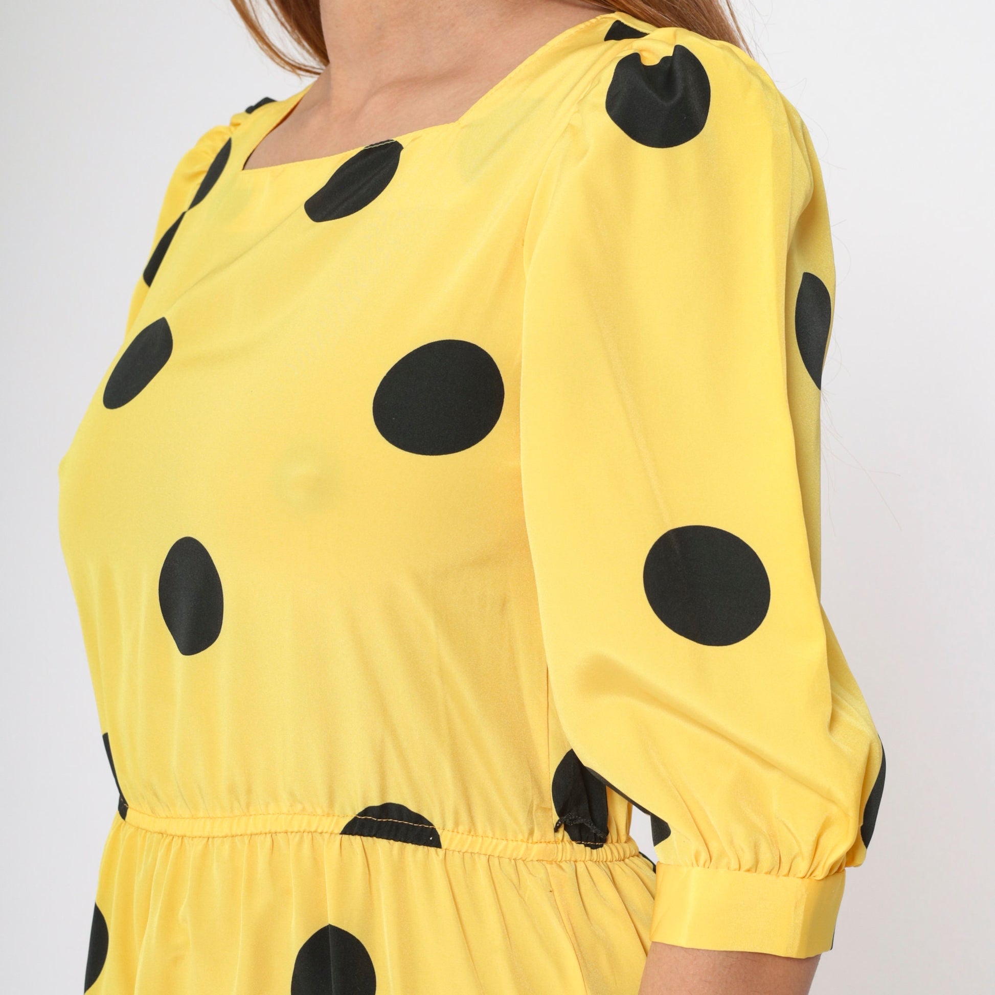 80s Yellow Polka Dot Midi Dress Puff Sleeve Square Neck High Waist Small
