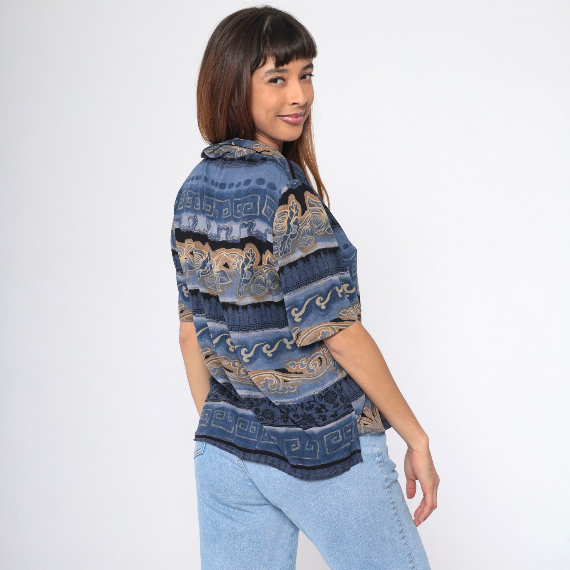 90s Carol Little Striped Floral Greek Key Button Up Blouse Blue Small