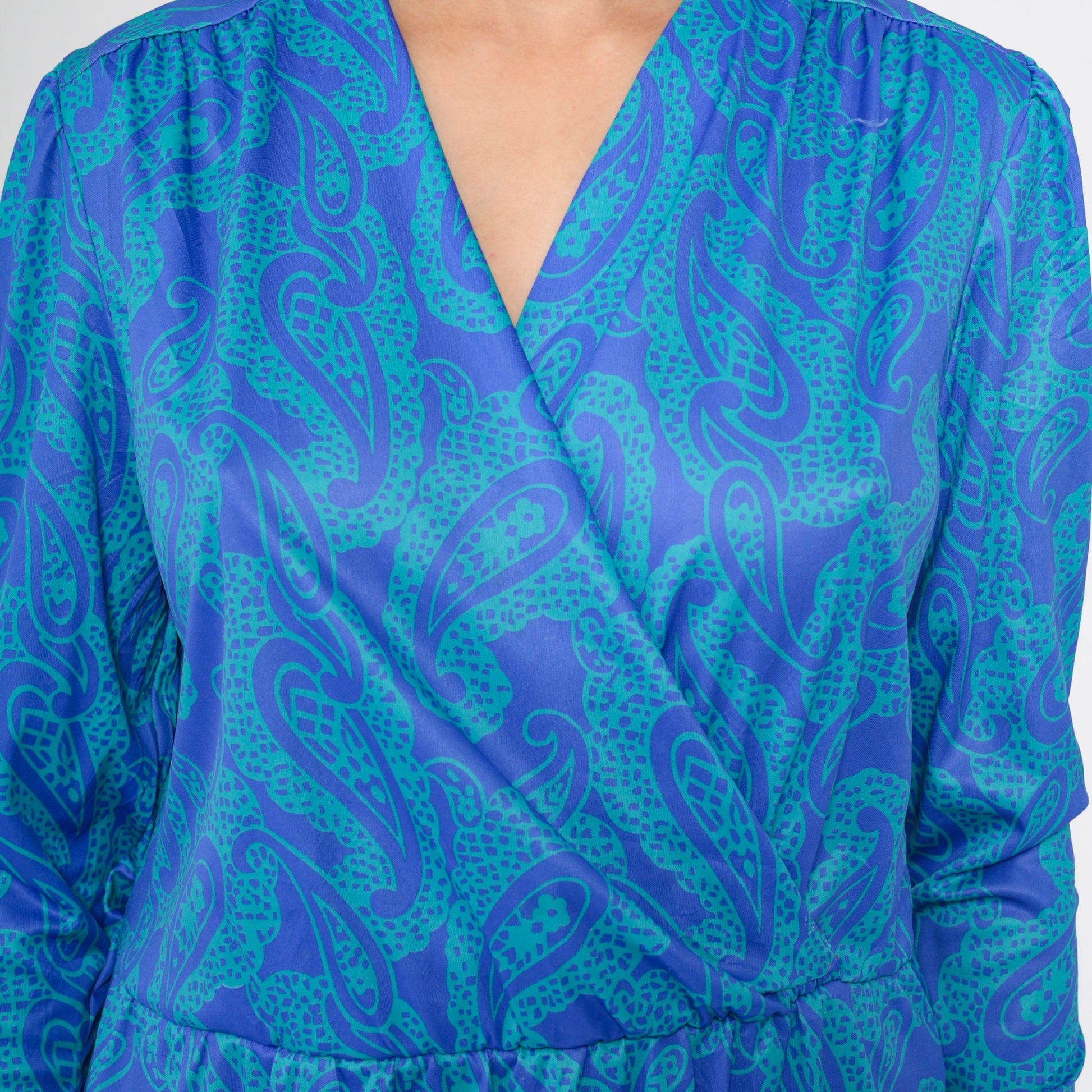 90s Blair Paisley Faux Wrap Midi Dress Puff Sleeve V-Neck Blue Green Large