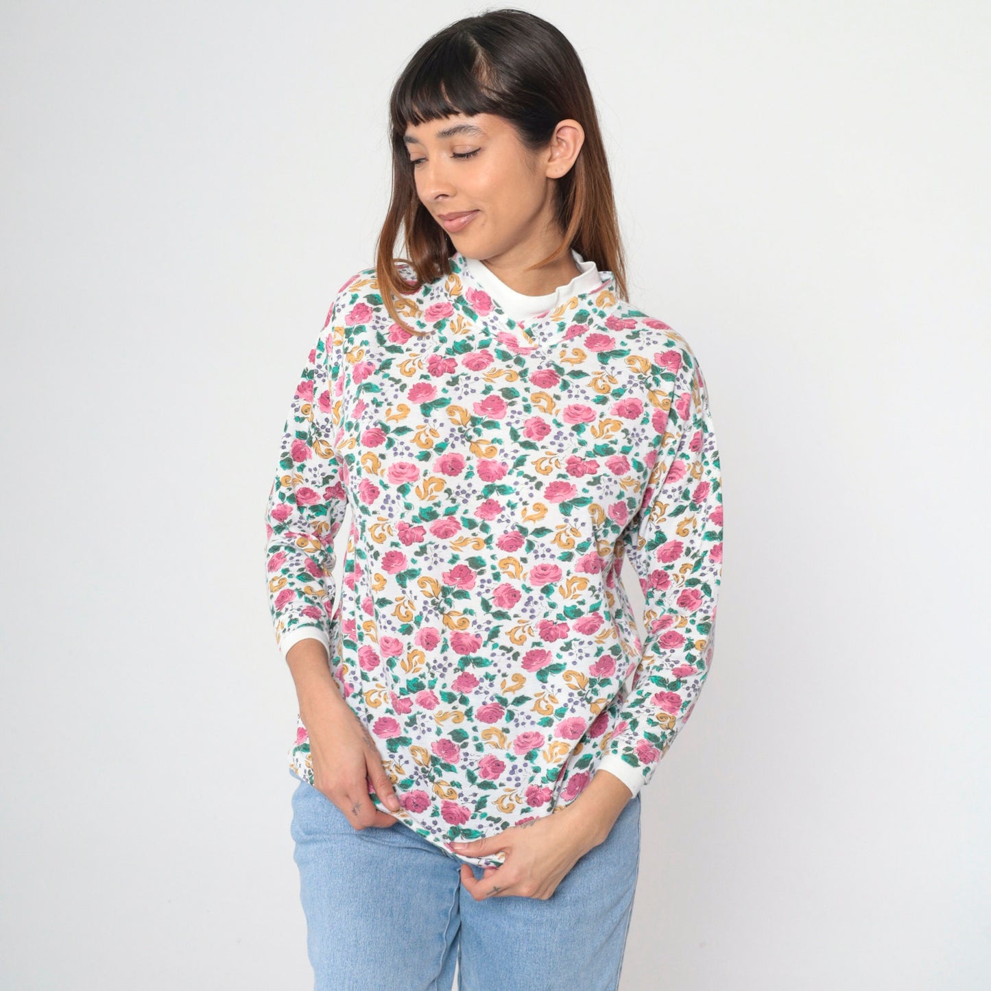 90s Floral Mock Neck Shirt White Pink Rose Print Long Sleeve Blouse Medium