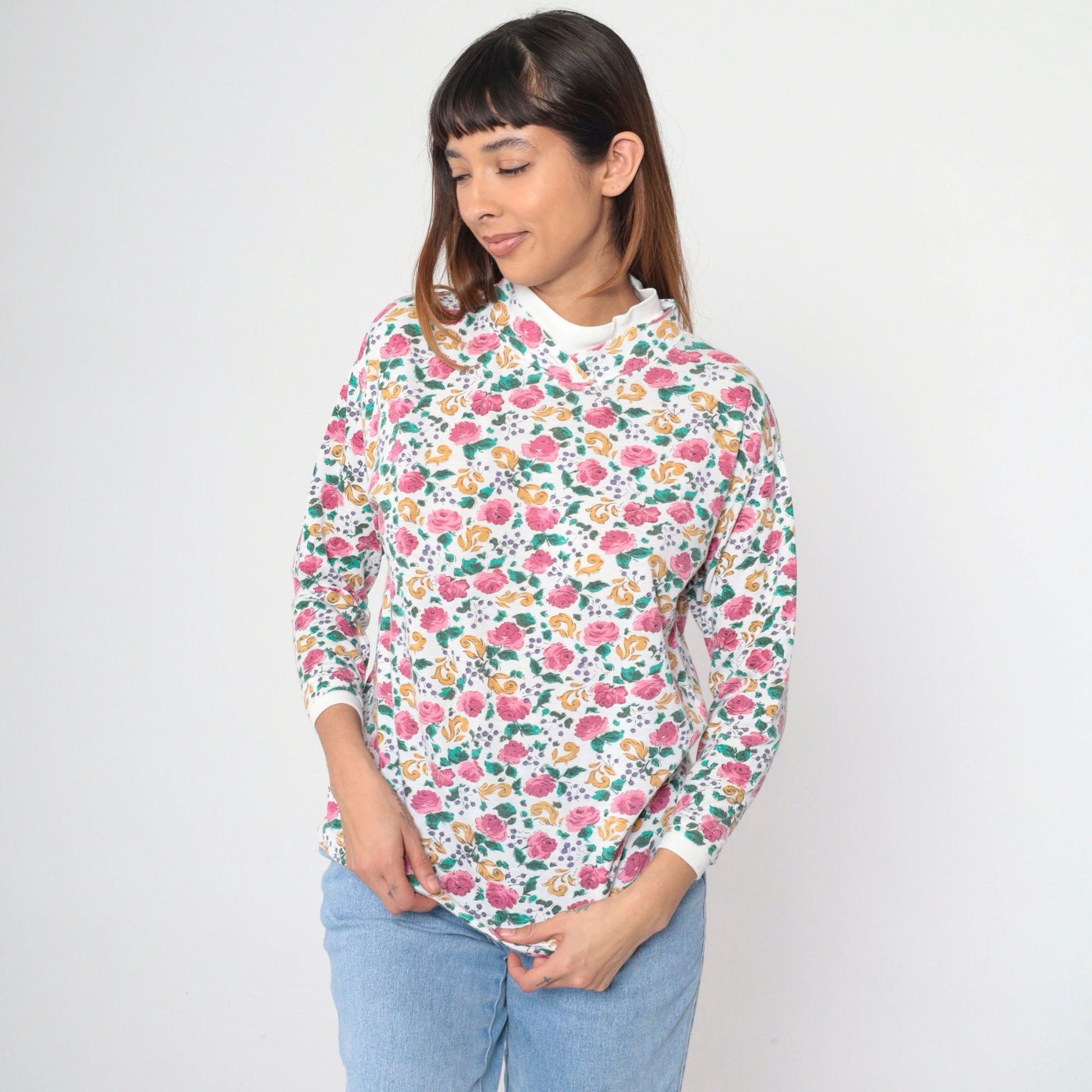 90s Floral Mock Neck Shirt White Pink Rose Print Long Sleeve Blouse Medium