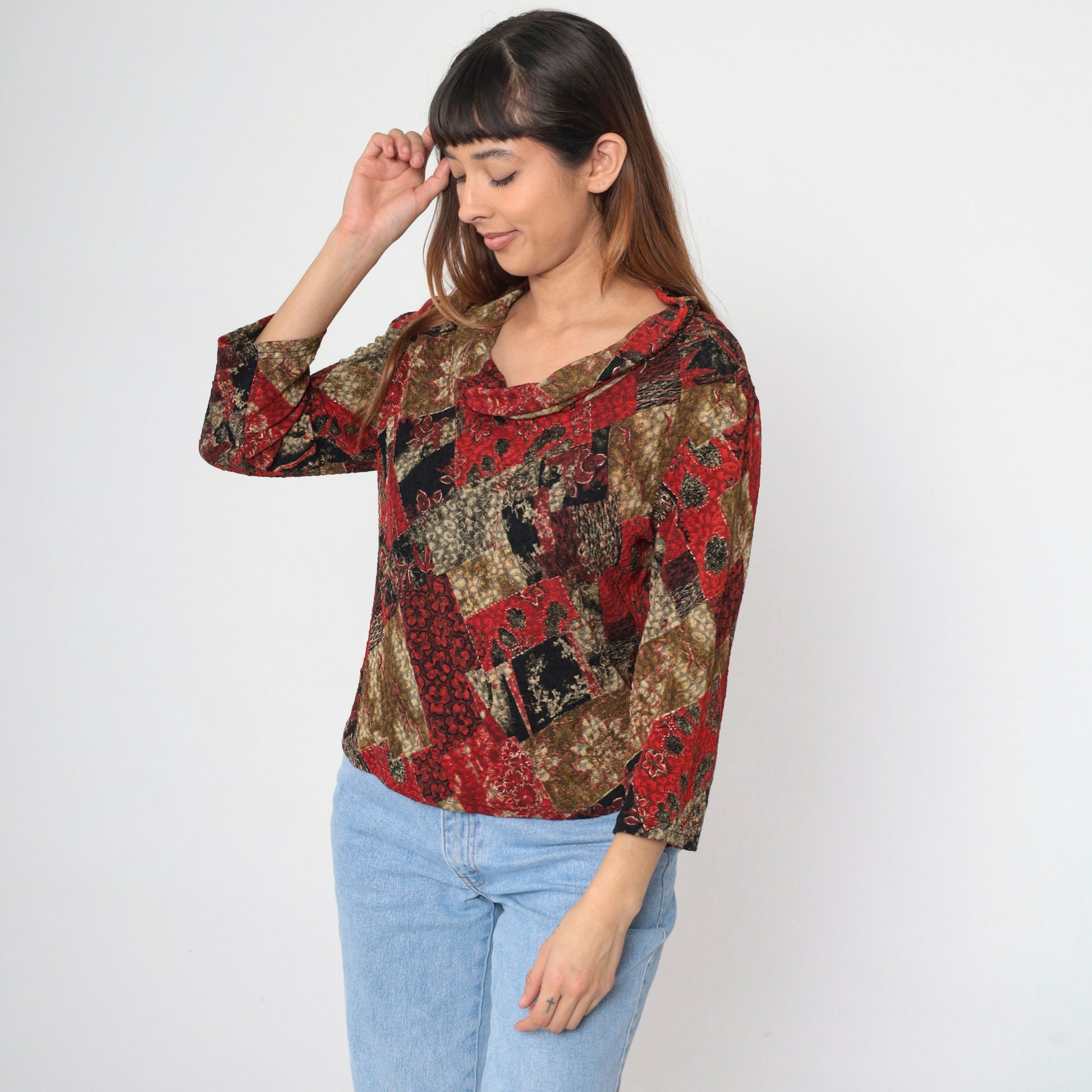 Y2K Carducci Patchwork Floral Cowl Neck Blouse Metallic Long Sleeve Extra Large XXL
