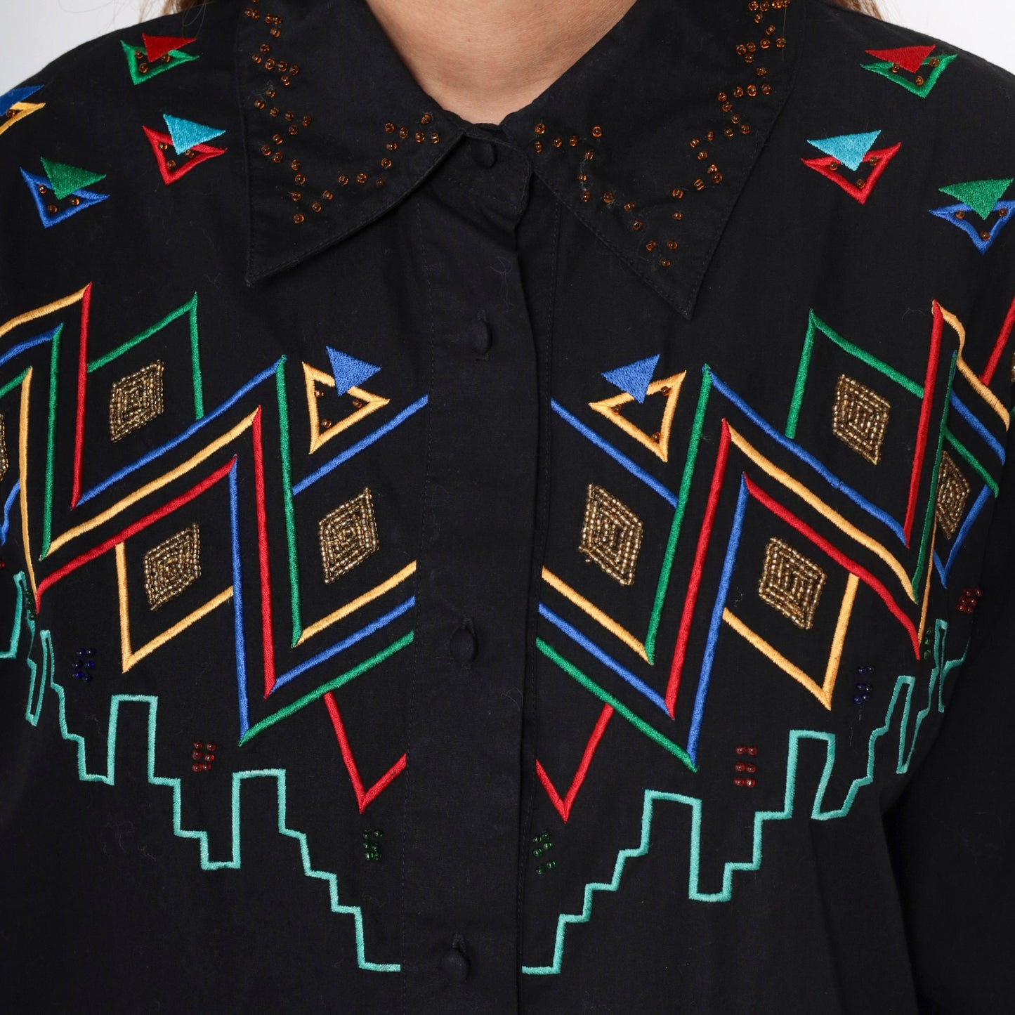 90s Southwest Embroidered Beaded Black Cotton Button Up Blouse Large L