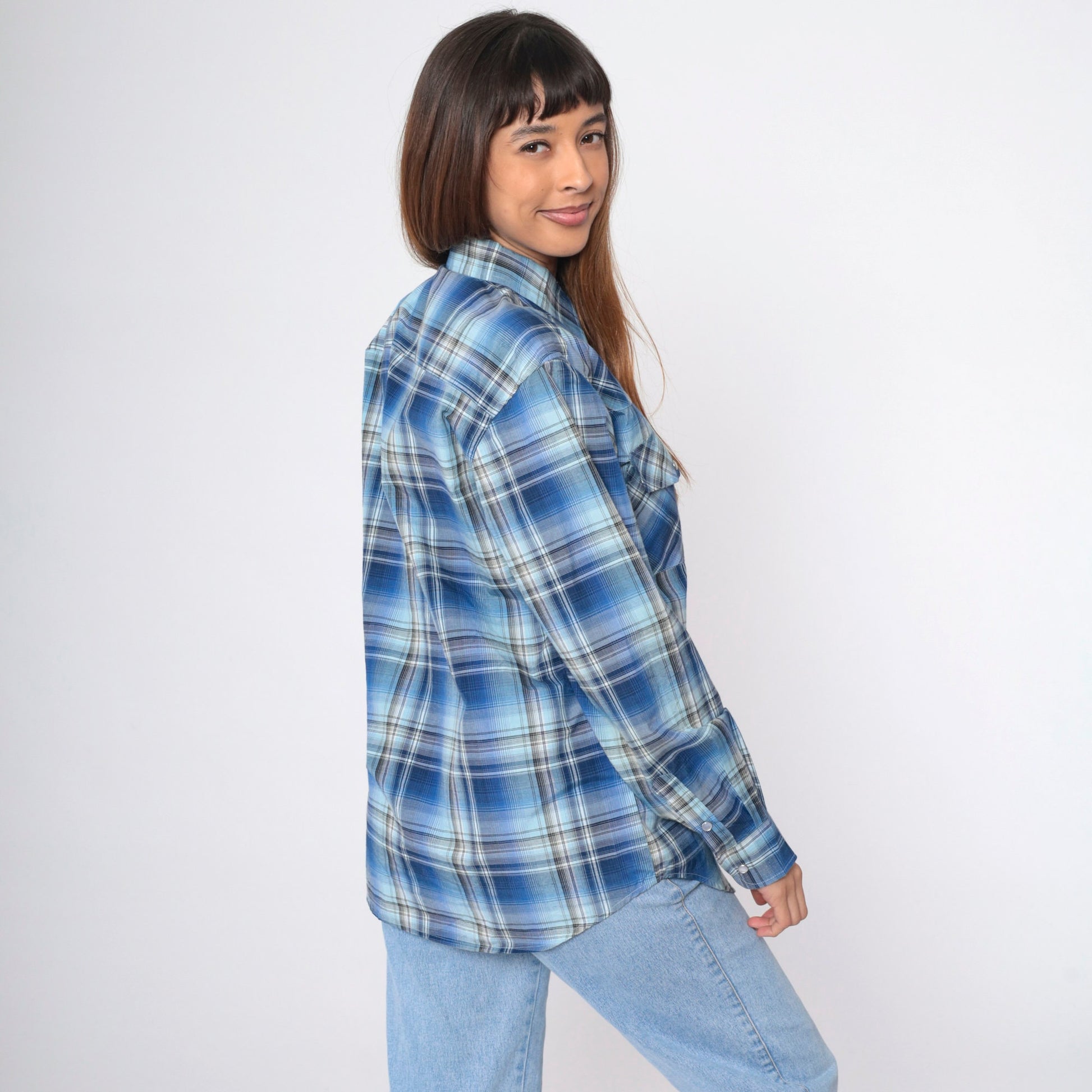 80s Haband Western Shirt Blue Plaid Pearl Snap Cowboy Small