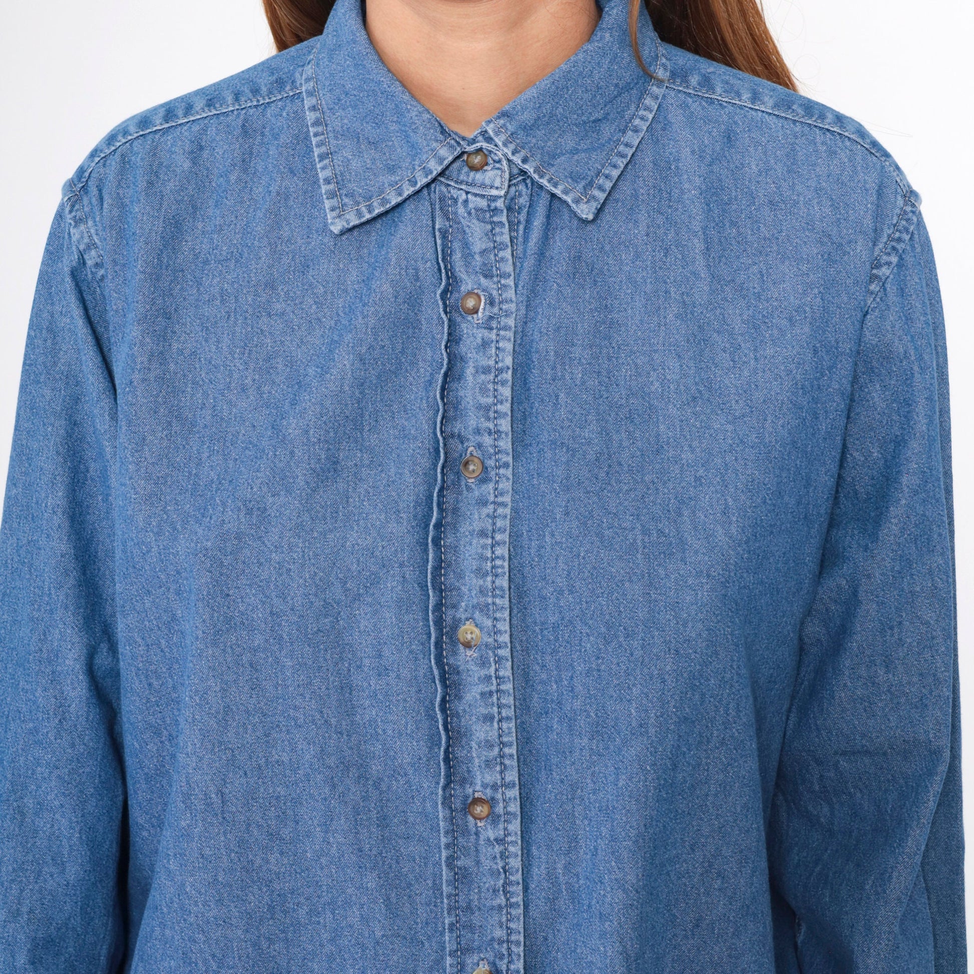 90s Vos Sports Blue Denim Button-Up Shirt Cotton Long Sleeve Extra Large XXL