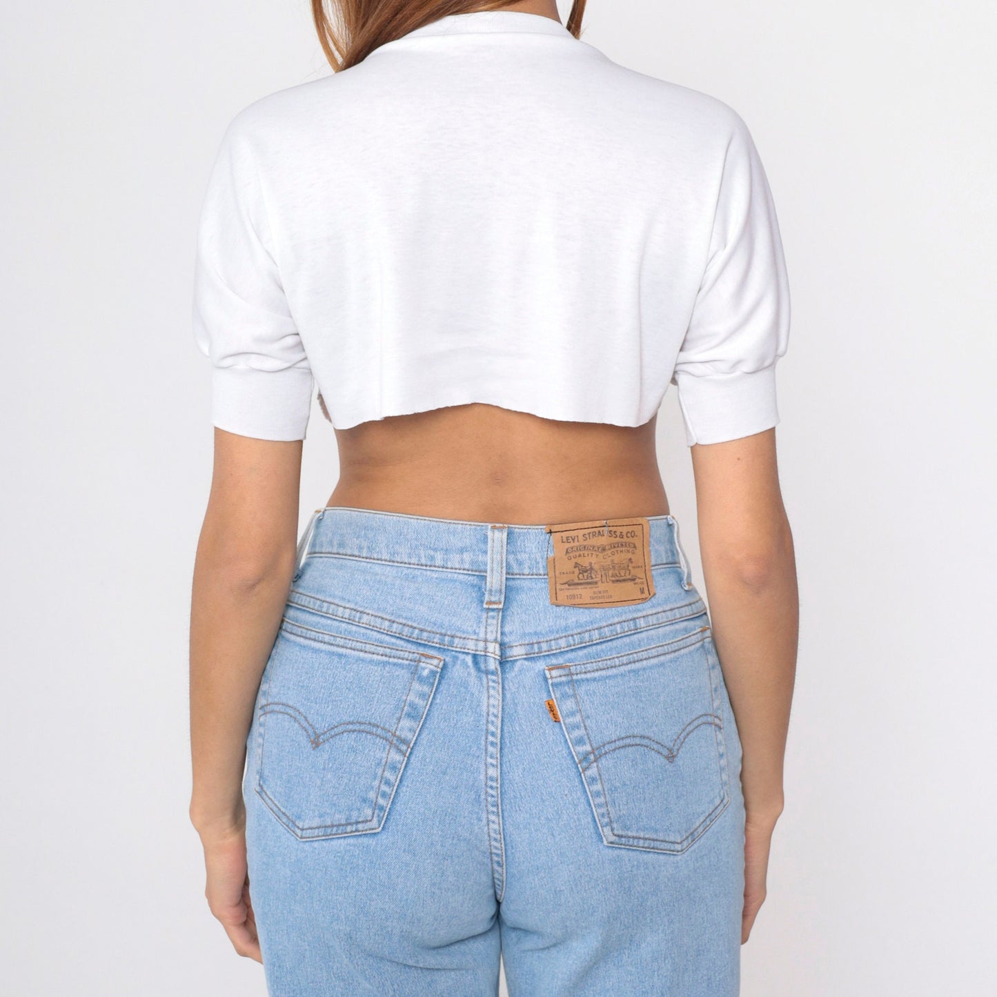 80s Teddy Bear Graphic Crop Top White Cotton T-Shirt Raw Hem Medium