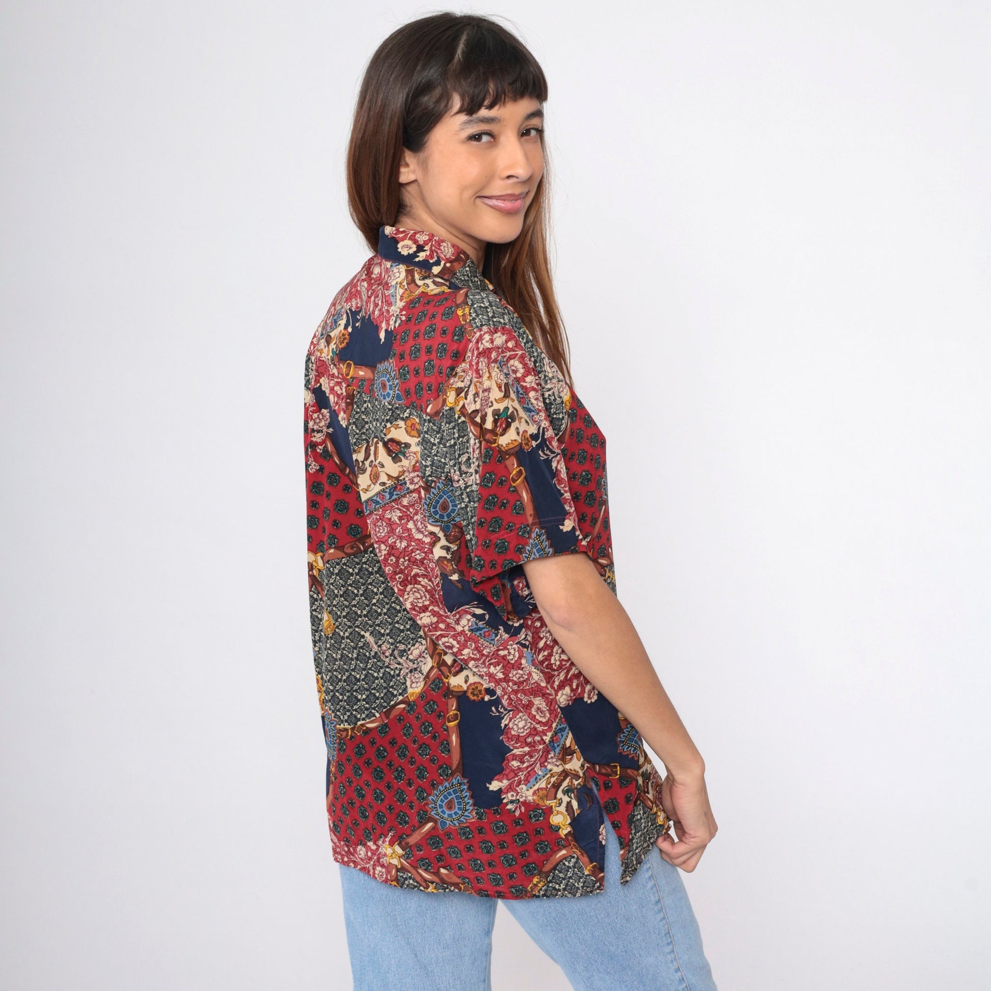90s Amanda Italy Silk Blouse Patchwork Floral Equestrian Print Navy Medium