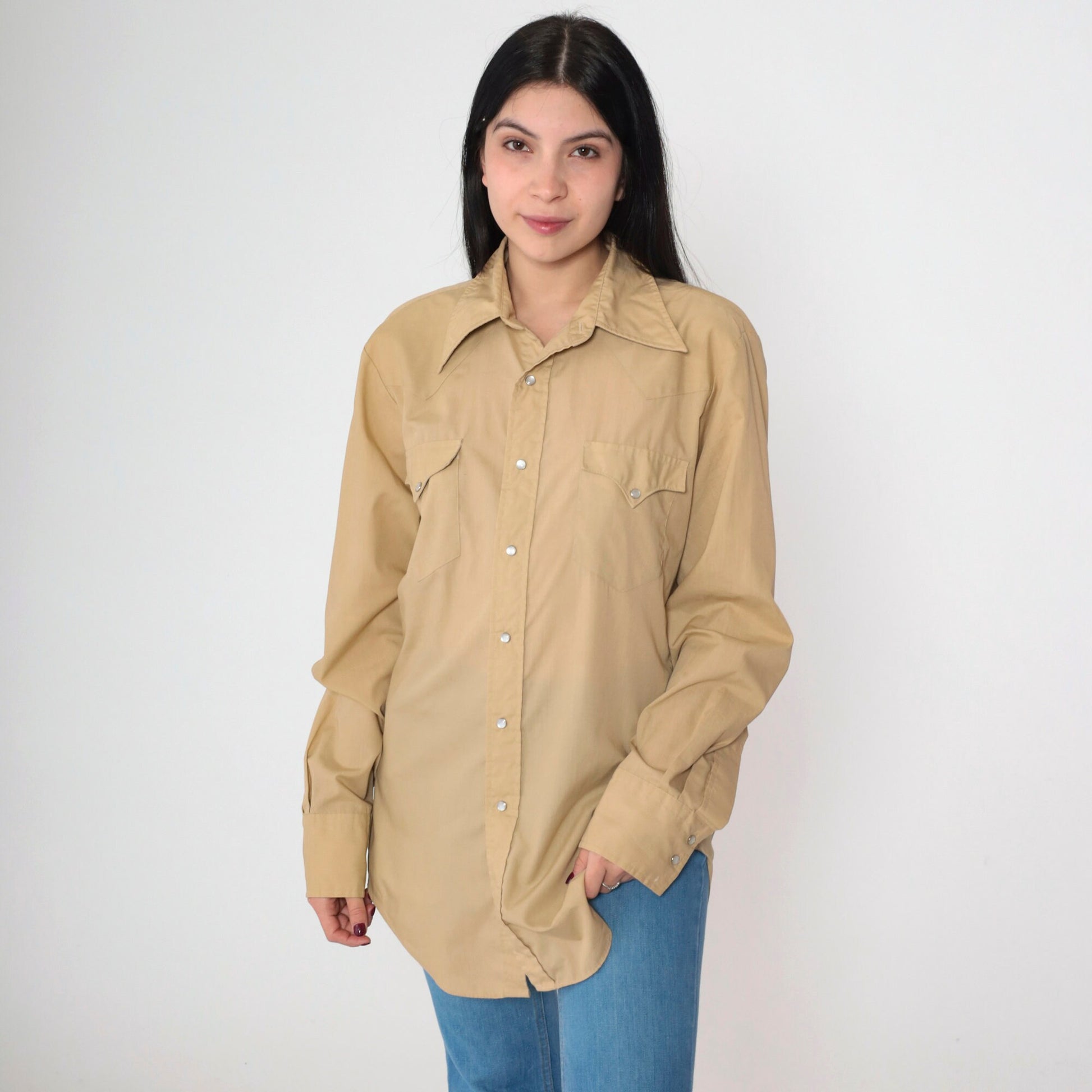 80s Miller Western Pearl Snap Shirt Tan Long Sleeve Button Up Mens Medium