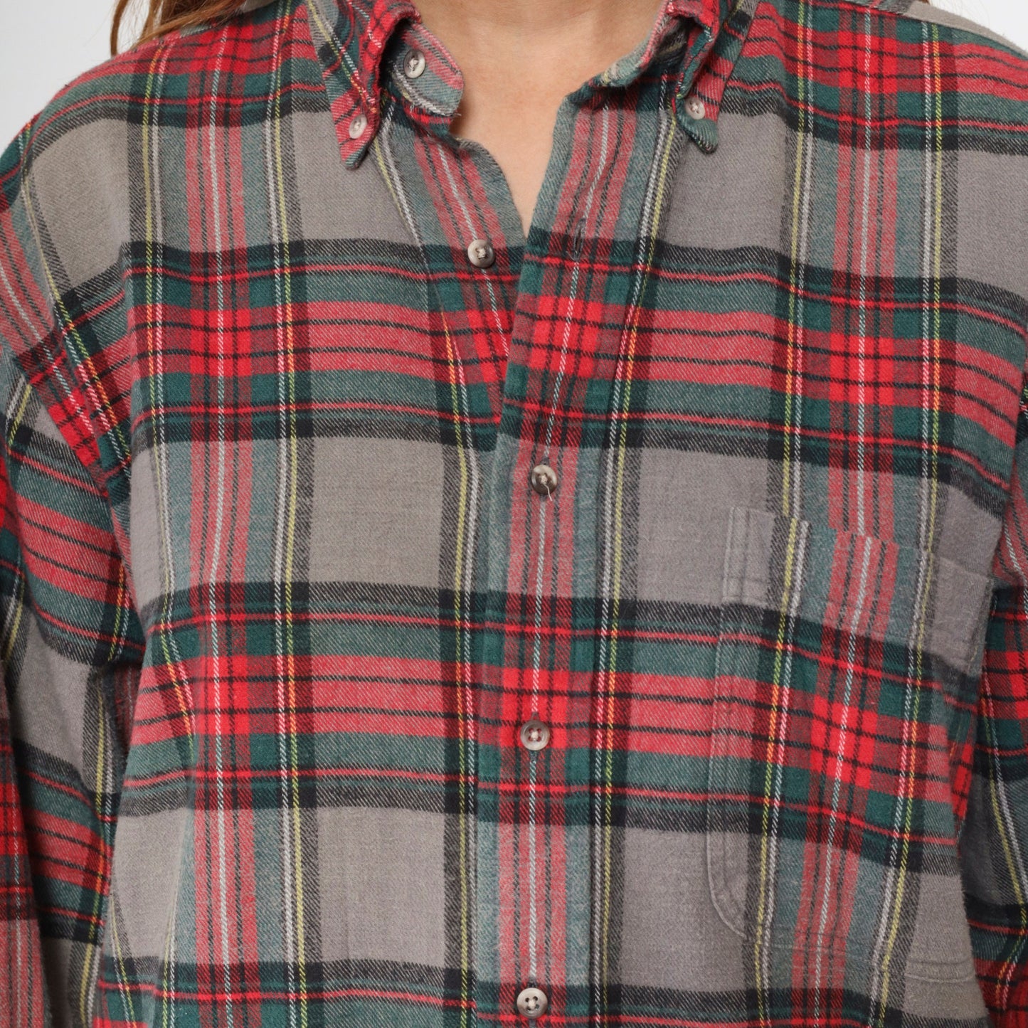 90s Lands End Plaid Flannel Shirt Grey Red Green Button Up Medium
