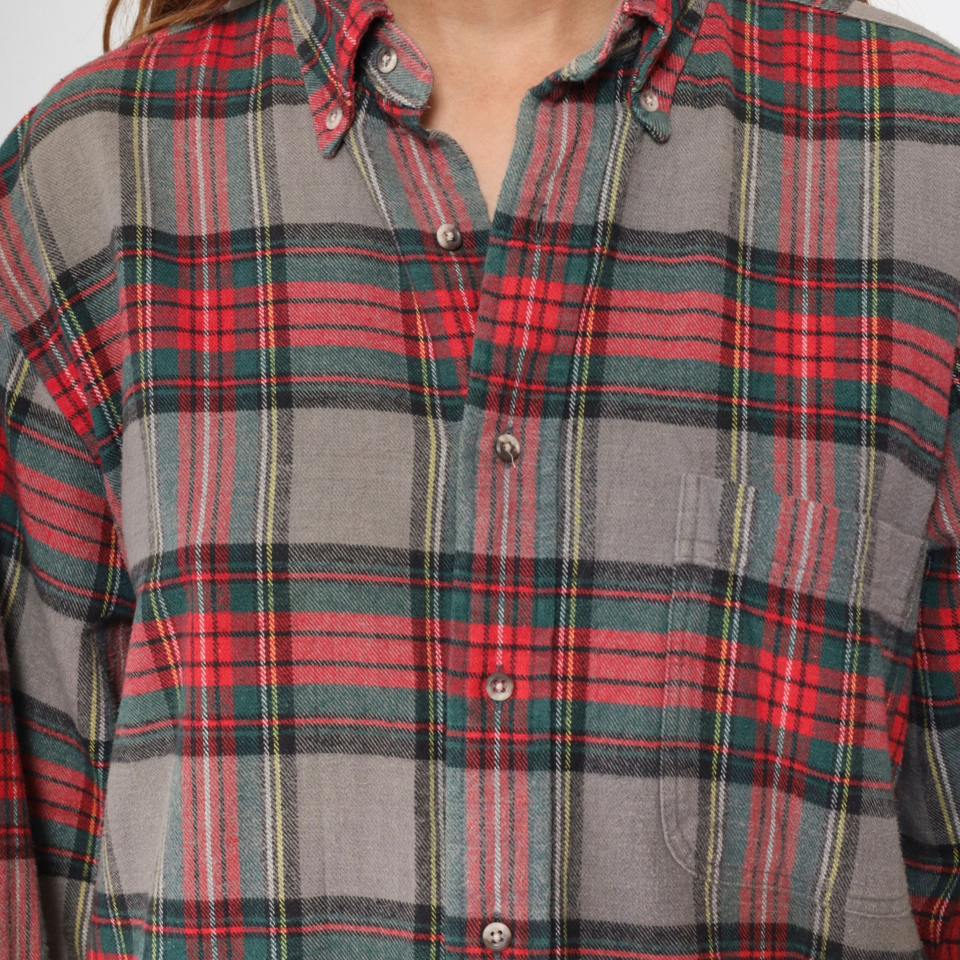90s Lands End Plaid Flannel Shirt Grey Red Green Button Up Medium