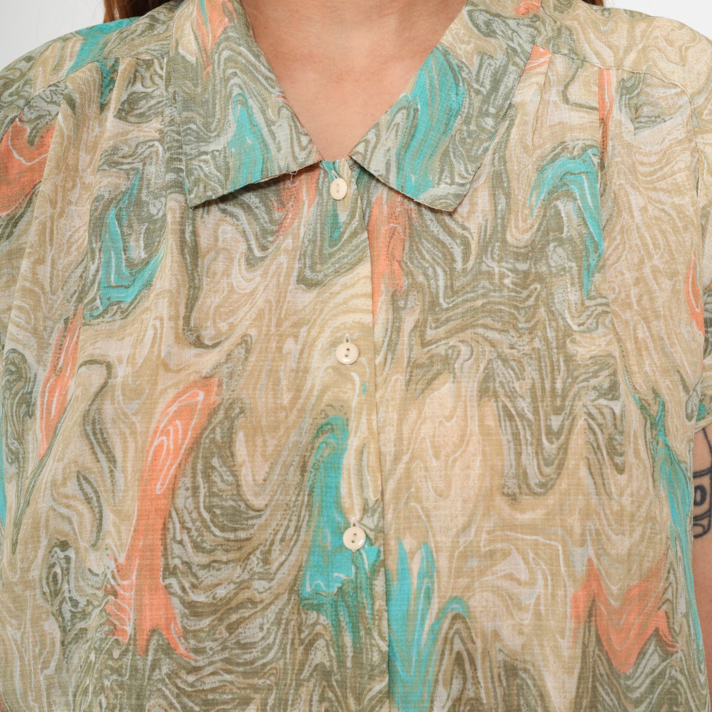 90s Marble Print Button Up Shirt Psychedelic Turquoise Tan Orange Large