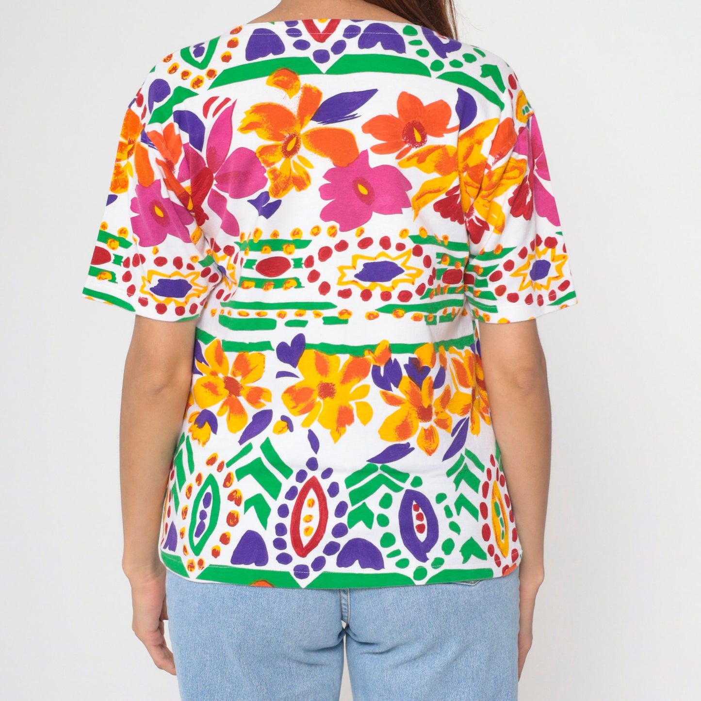 90s Tropical Floral Striped T-Shirt White Pink Orange Botanical Print Large L