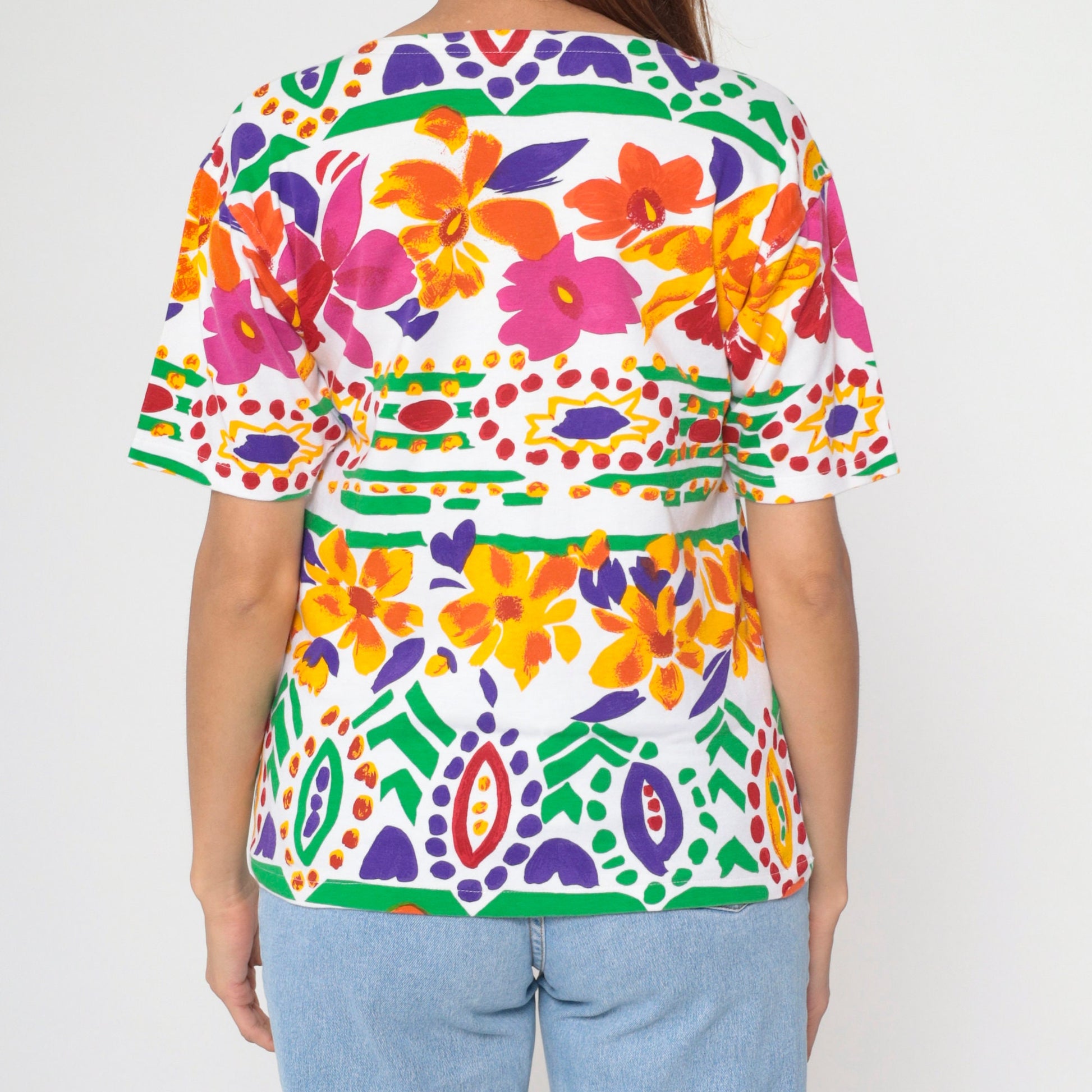 90s Tropical Floral Striped T-Shirt White Pink Orange Botanical Print Large L