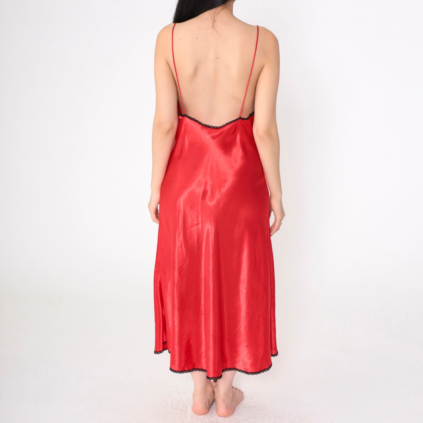 90s Val Mode Red Slip Dress Midi Black Lace Trim Open Back Medium