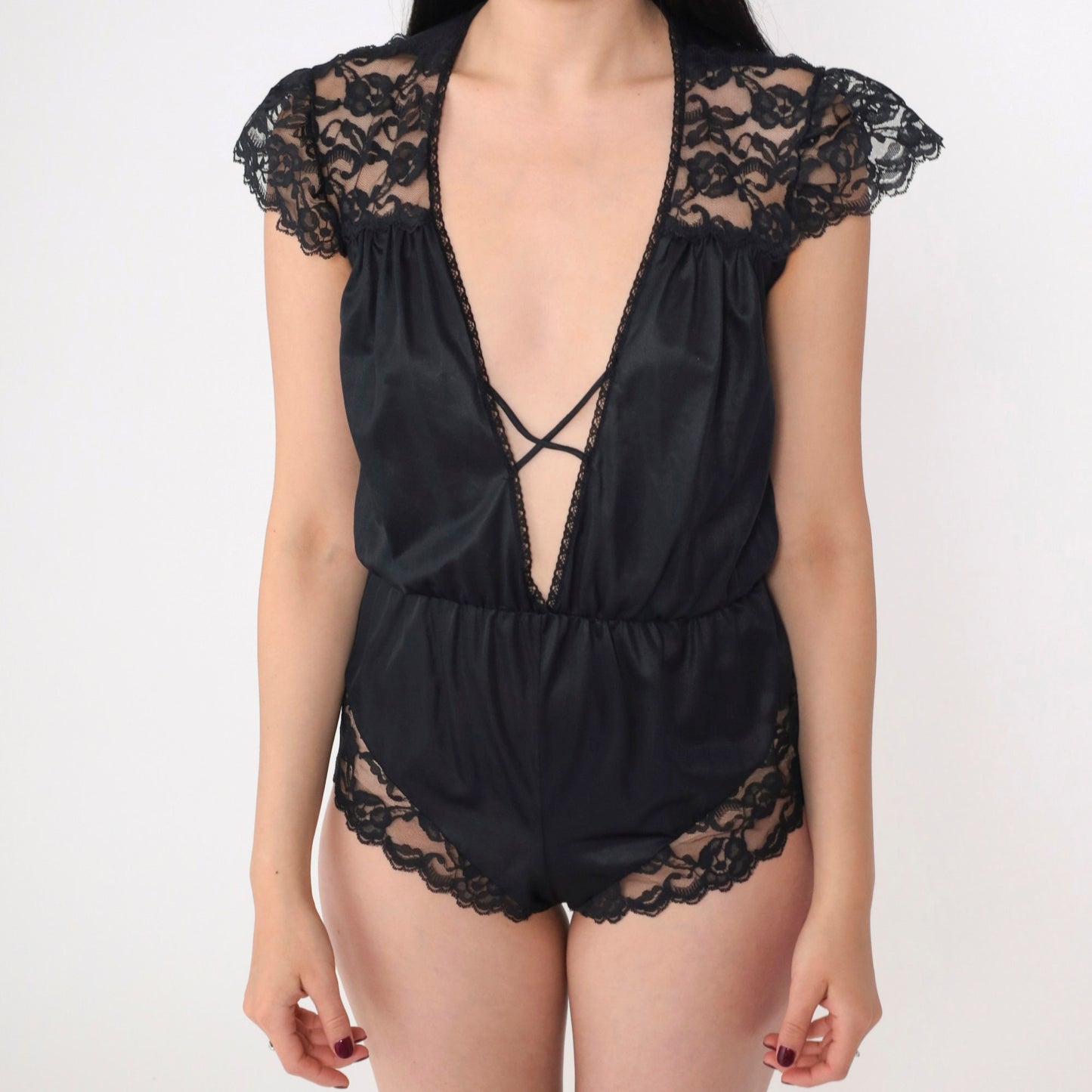 90s Black Lace Teddy Nylon Bodysuit Plunging V-Neck Cap Sleeve Small
