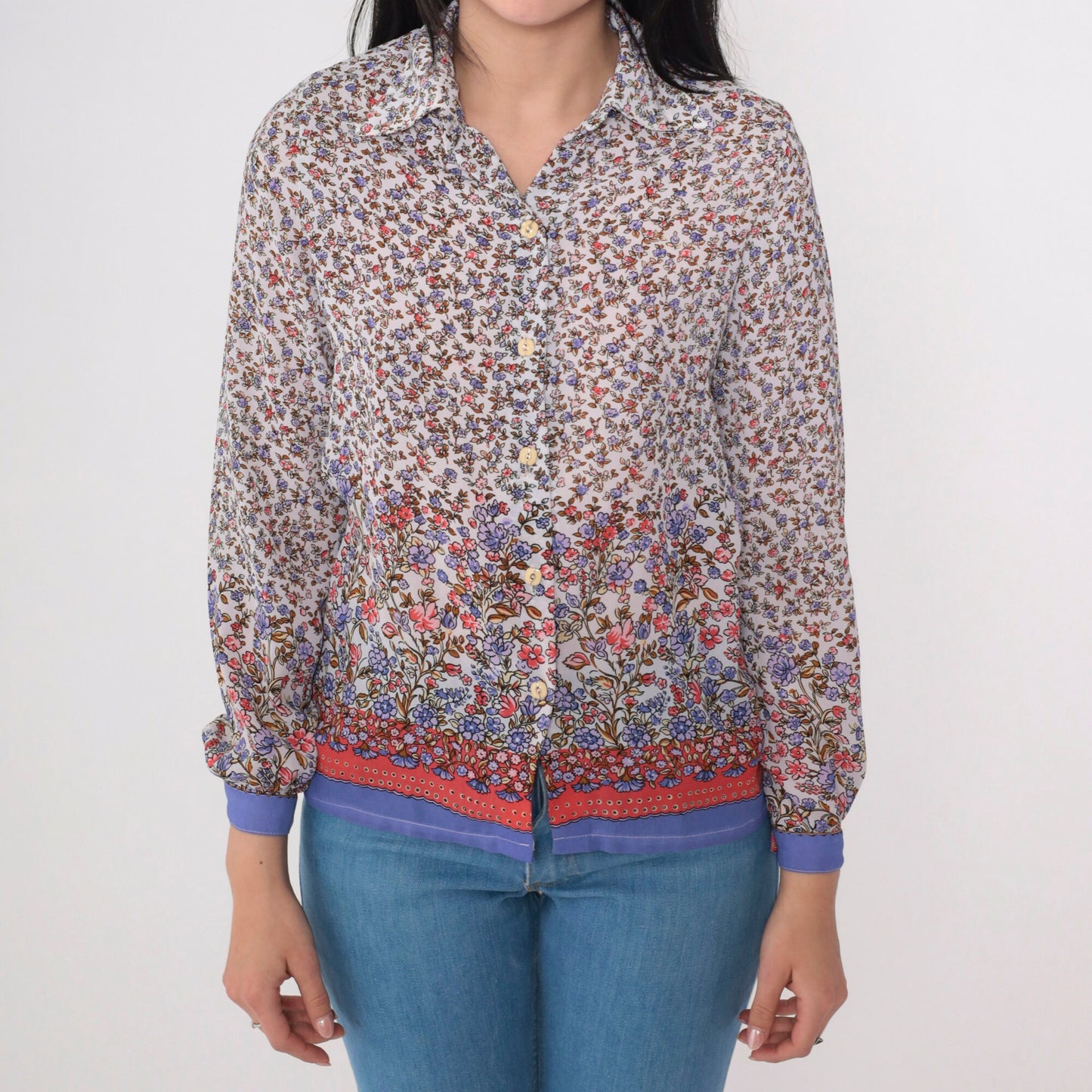 90s Floral Button-Up Blouse Long Sleeve Collared Shirt White Red Blue Extra Small