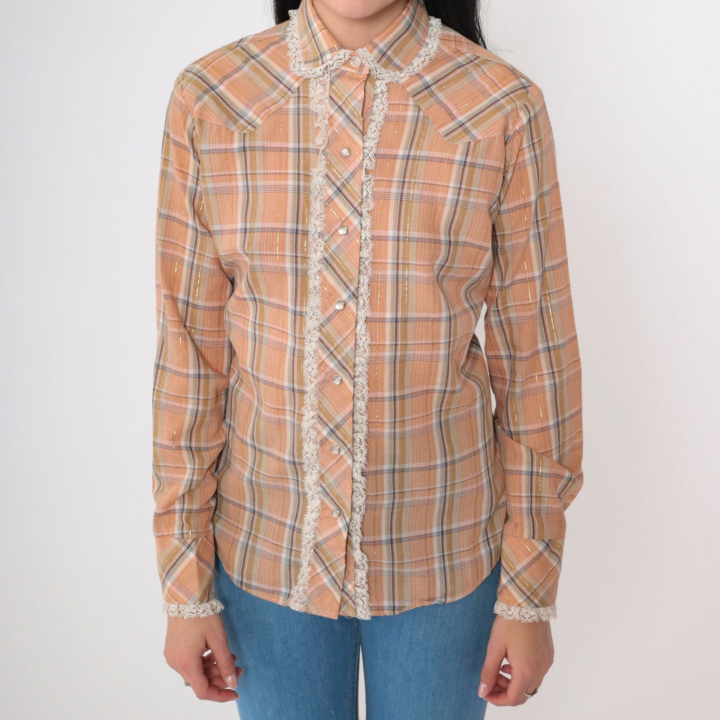 70s Panhandle Slim Western Shirt Metallic Plaid Lace Pearl Snap Orange Small