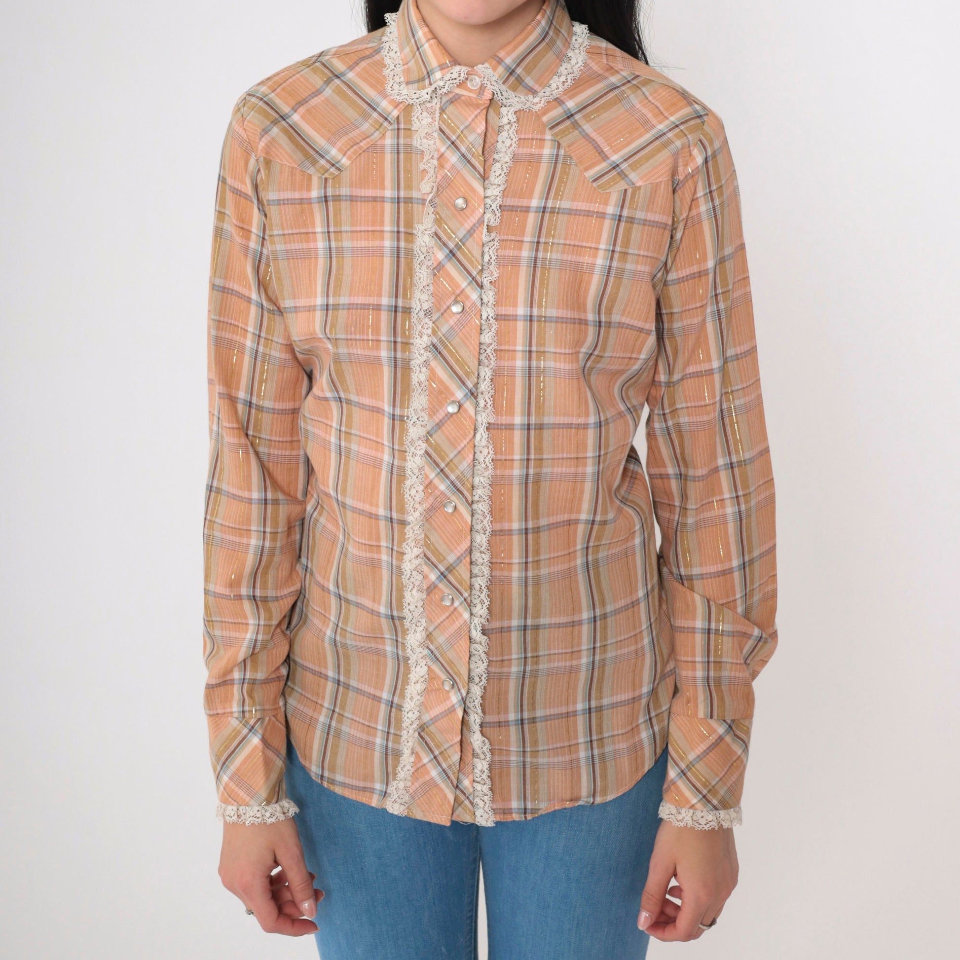70s Panhandle Slim Western Shirt Metallic Plaid Lace Pearl Snap Orange Small