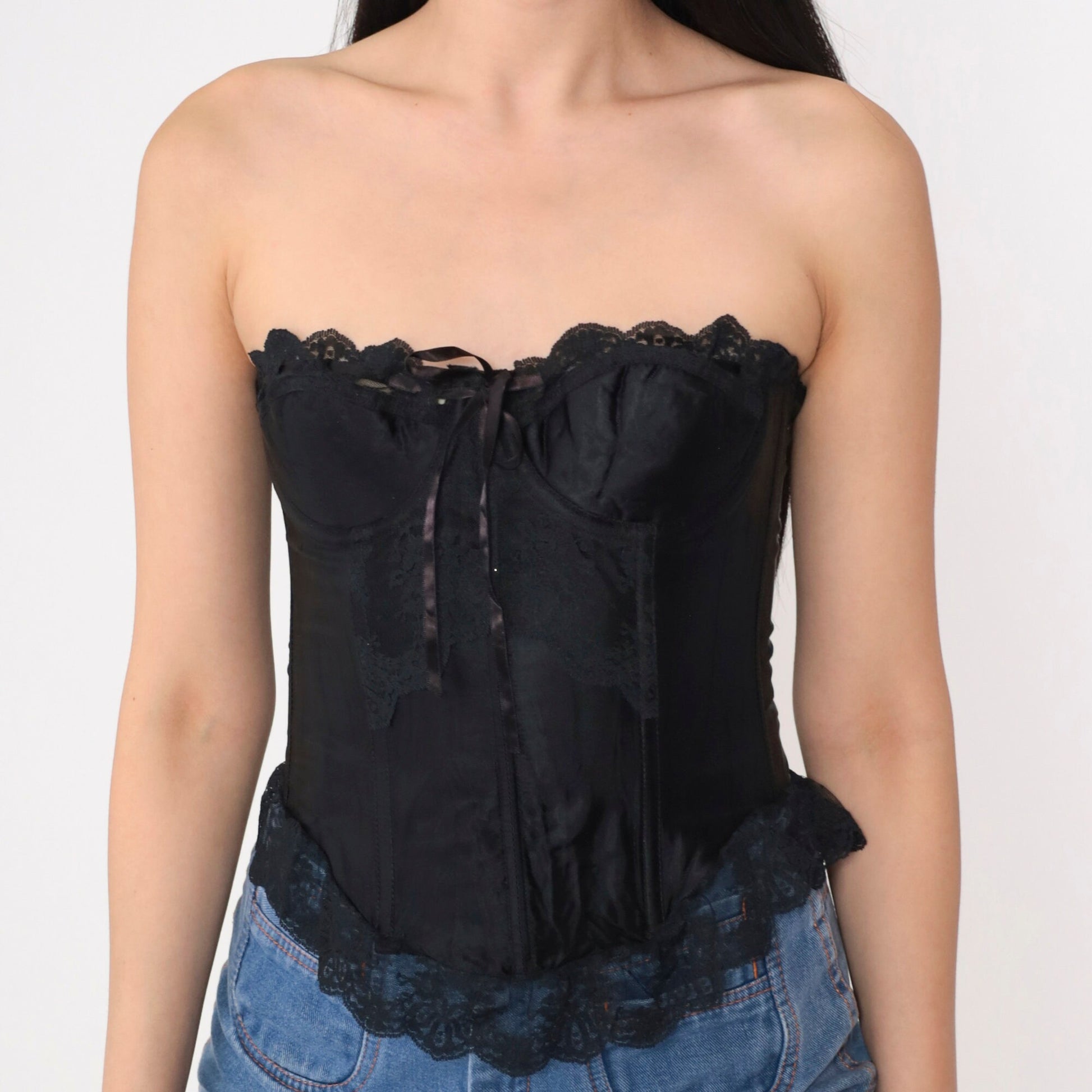 90s Victoria's Secret Black Lace Bustier Underwire Sweetheart Neckline Small