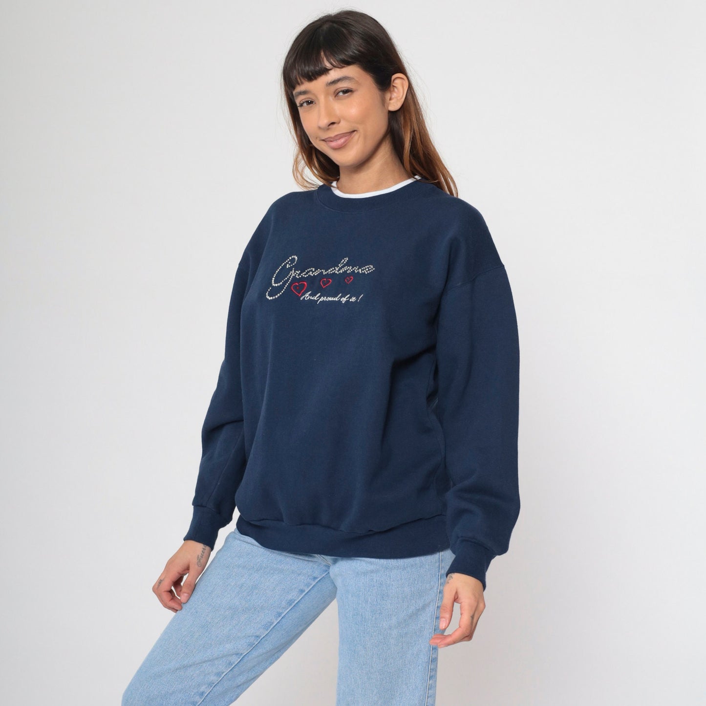 90s Grandma Rhinestone Navy Sweatshirt Embroidered Hearts Double Collar Large Petite