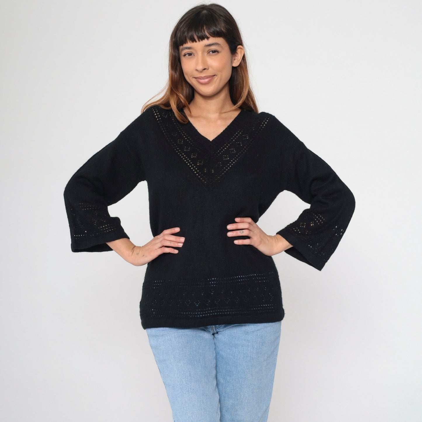 80s Black Cutwork Sweater Bell Sleeve V Neck Knit Pullover Large L