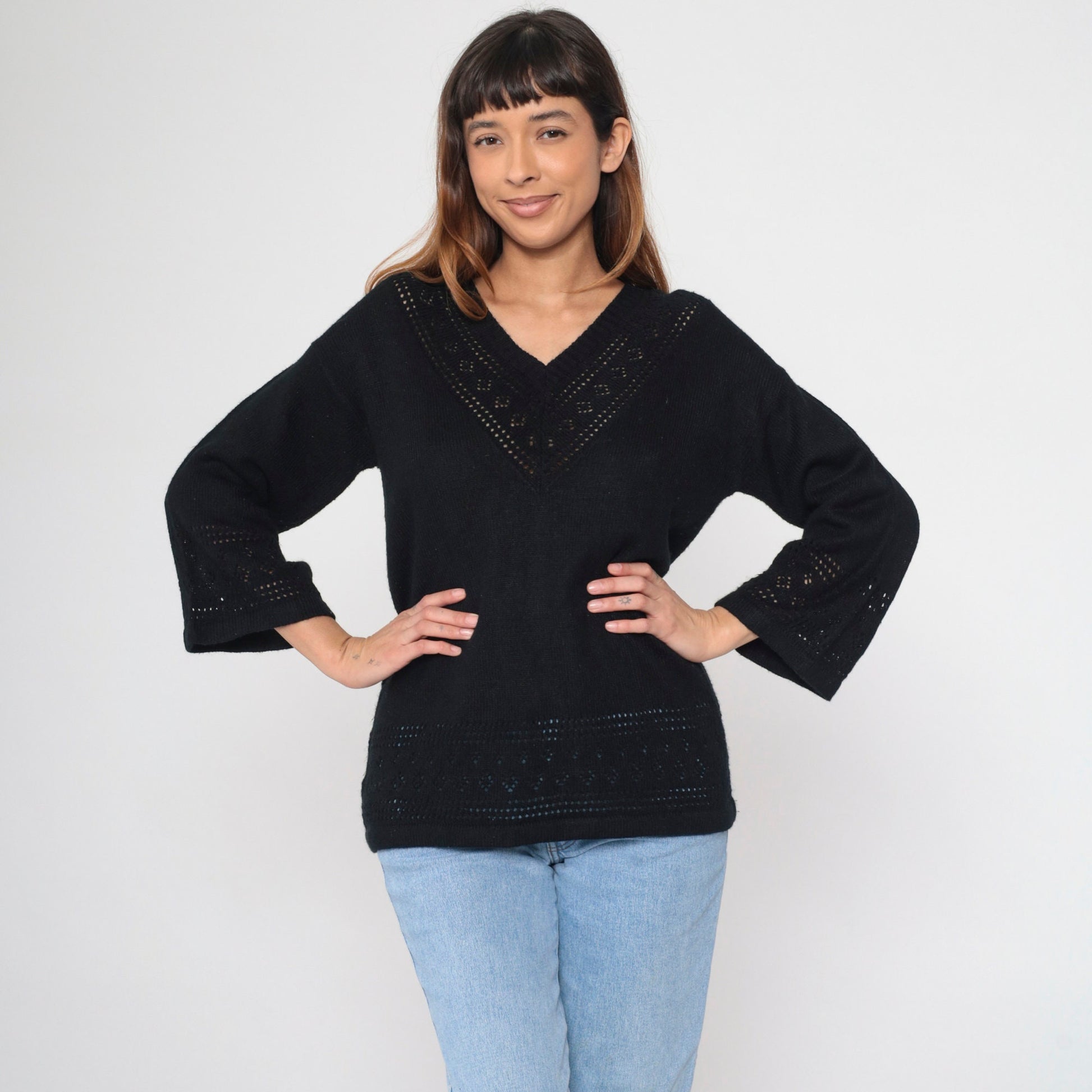 80s Black Cutwork Sweater Bell Sleeve V Neck Knit Pullover Large L