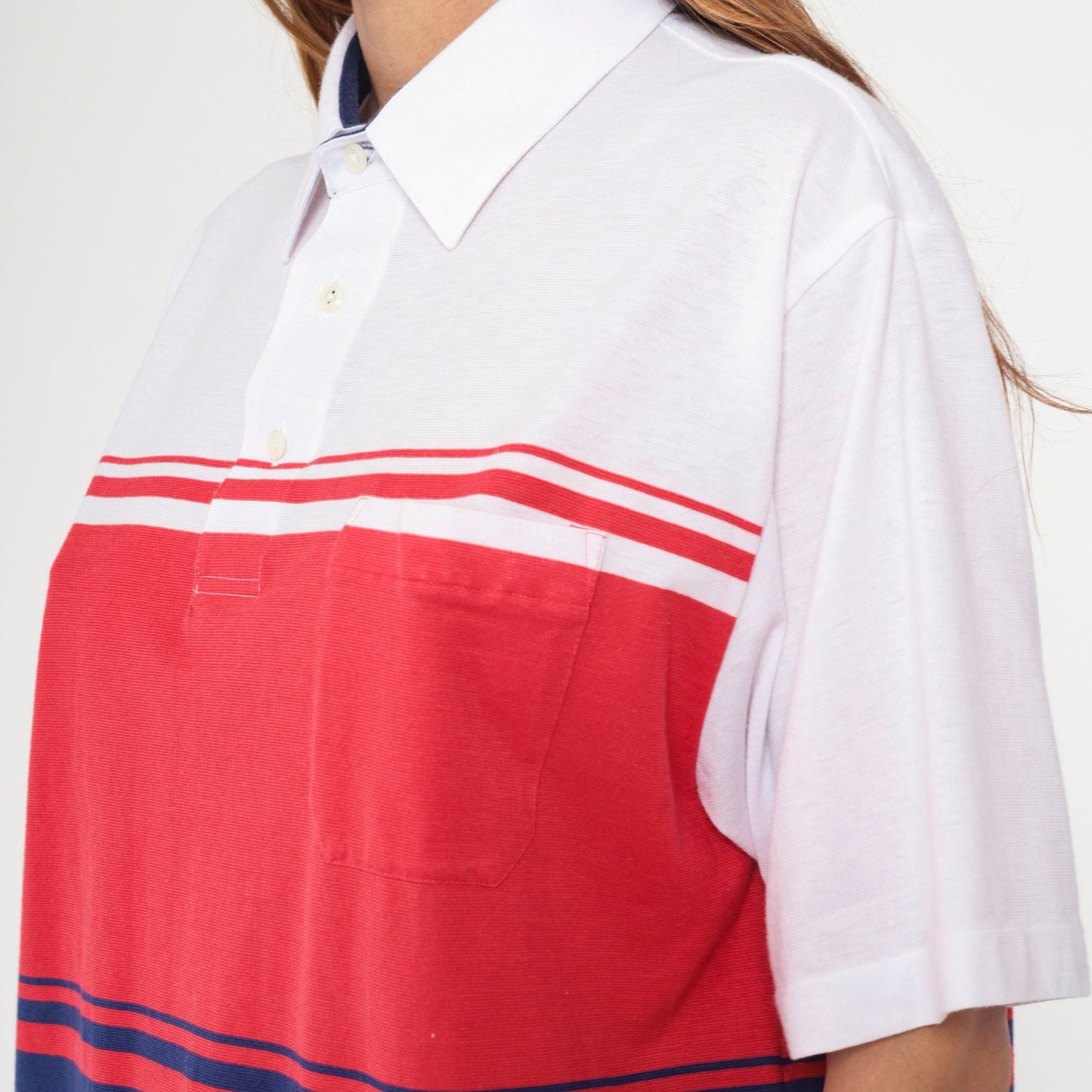 90s Polo Shirt Navy Red White Color Block Short Sleeve Chest Pocket Extra Large XL