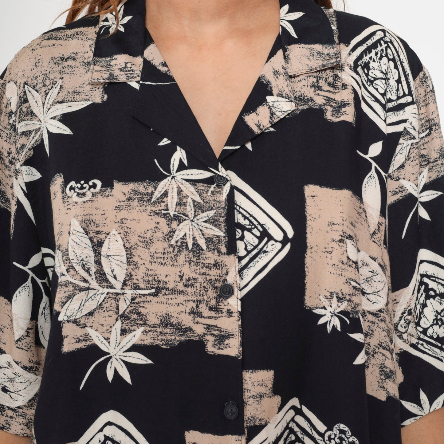 90s Alfred Dunner Button Up Blouse Leaf Floral Print Black Tan XXL