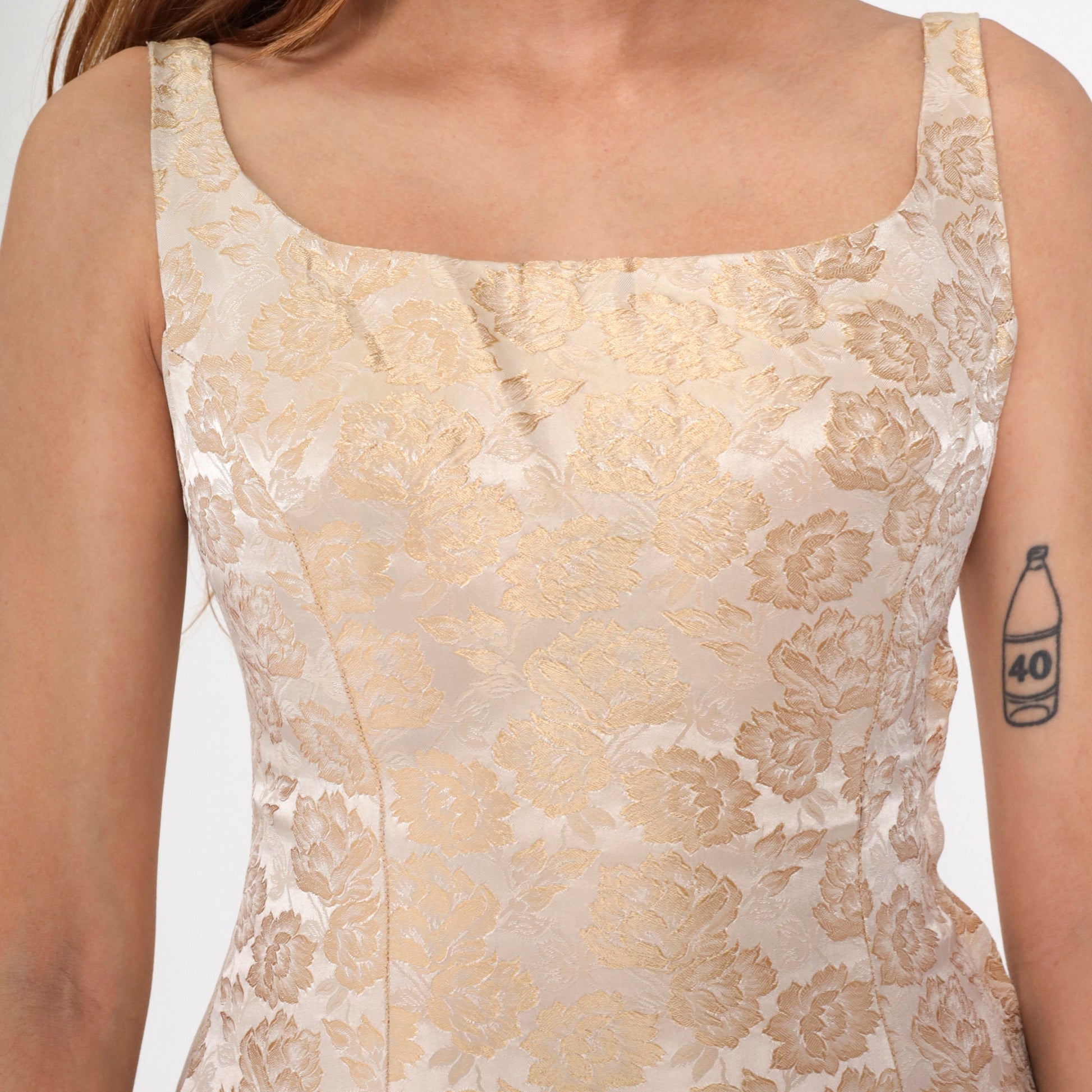 60s Metallic Champagne Floral Brocade Dress Sleeveless Fit Flare Knee Length Small