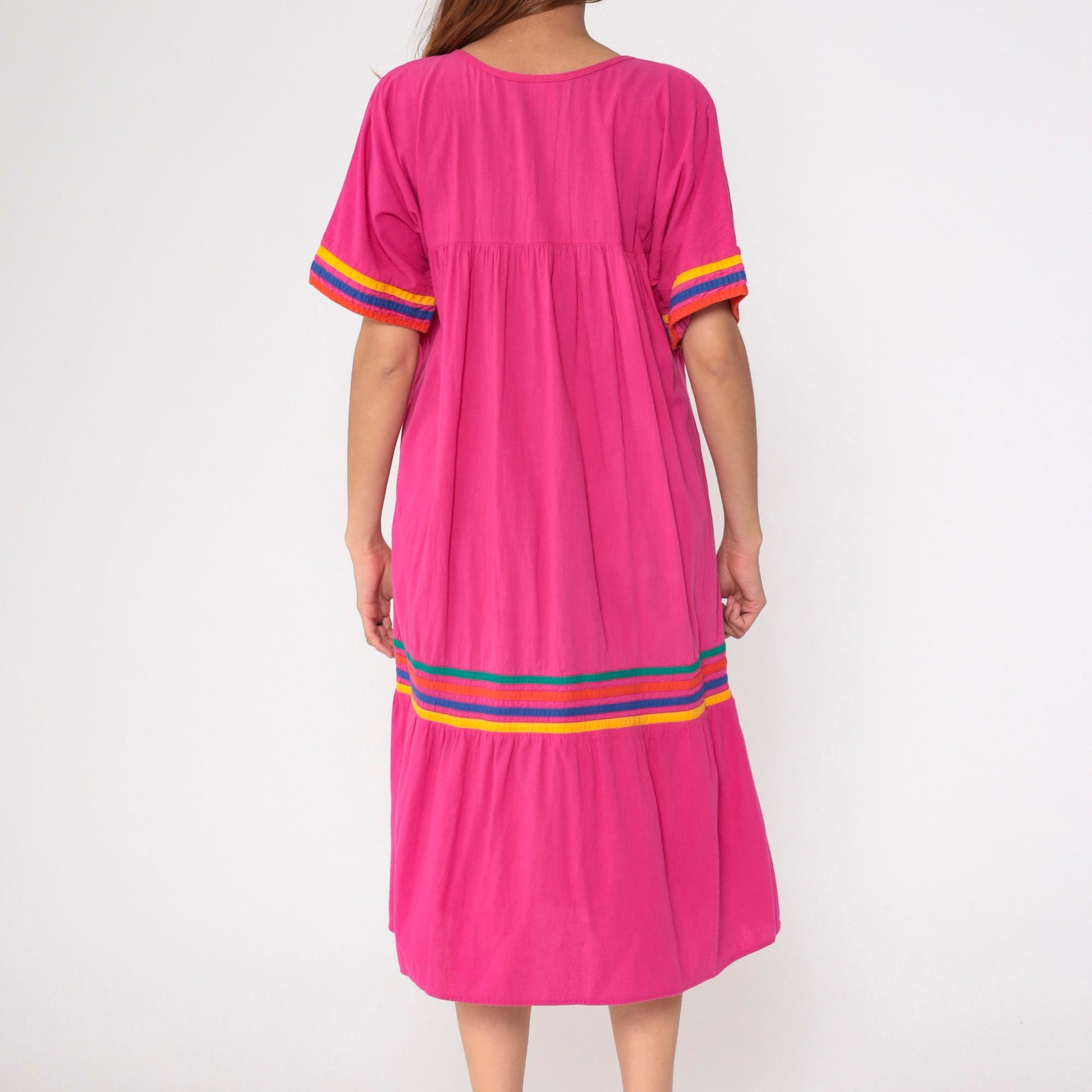 90s Hot Pink Rainbow Striped Cotton Tent Dress Dolman Sleeve Midi Medium