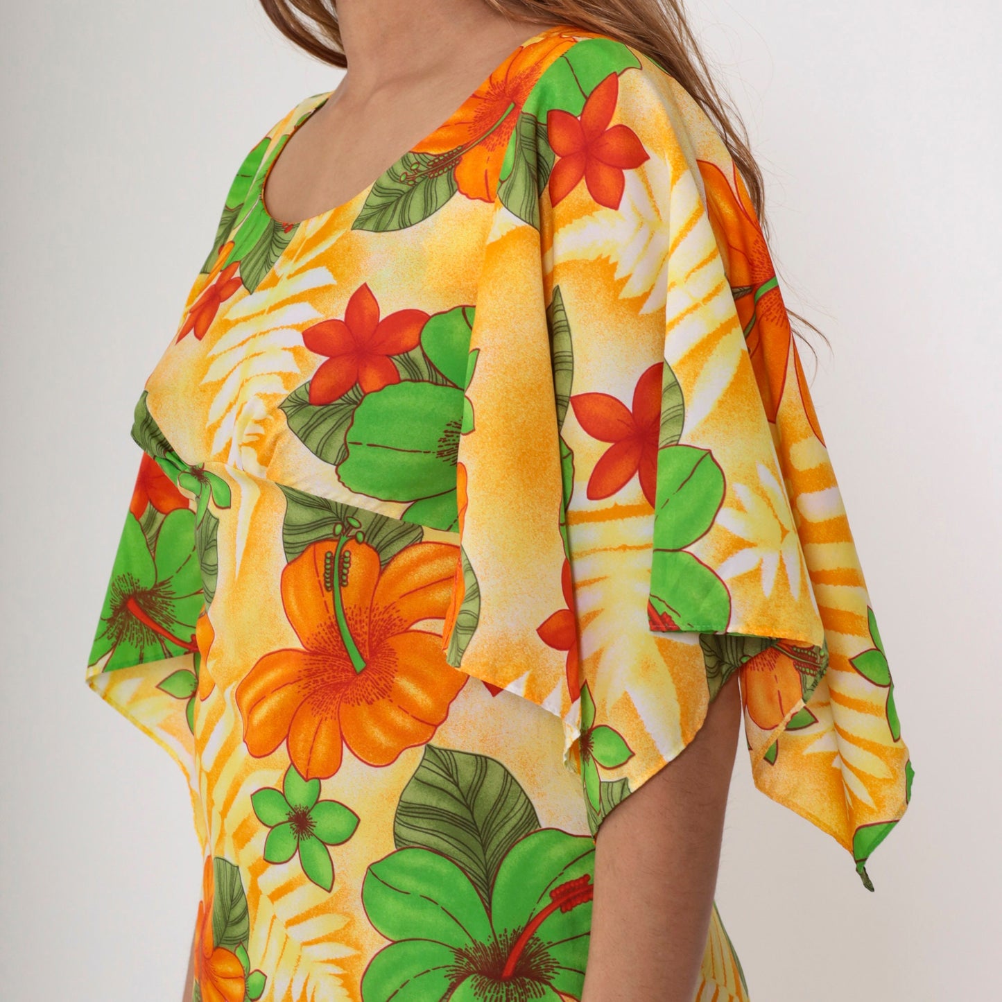 70s Pomare Hawaiian Floral Maxi Dress Angel Sleeve Empire Waist Small