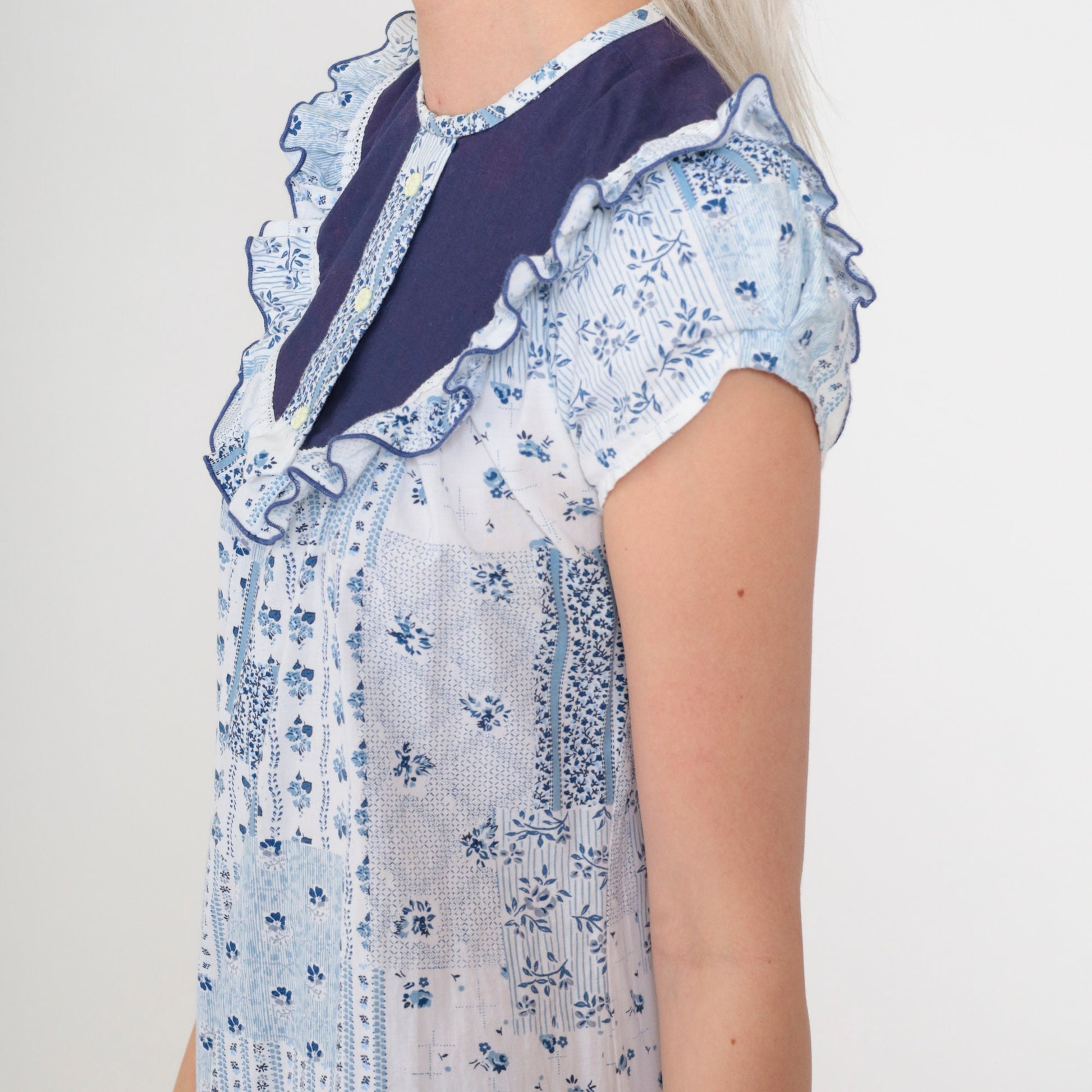 70s Liberty House Floral Patchwork Mini Dress Blue White Puff Sleeve 2XS