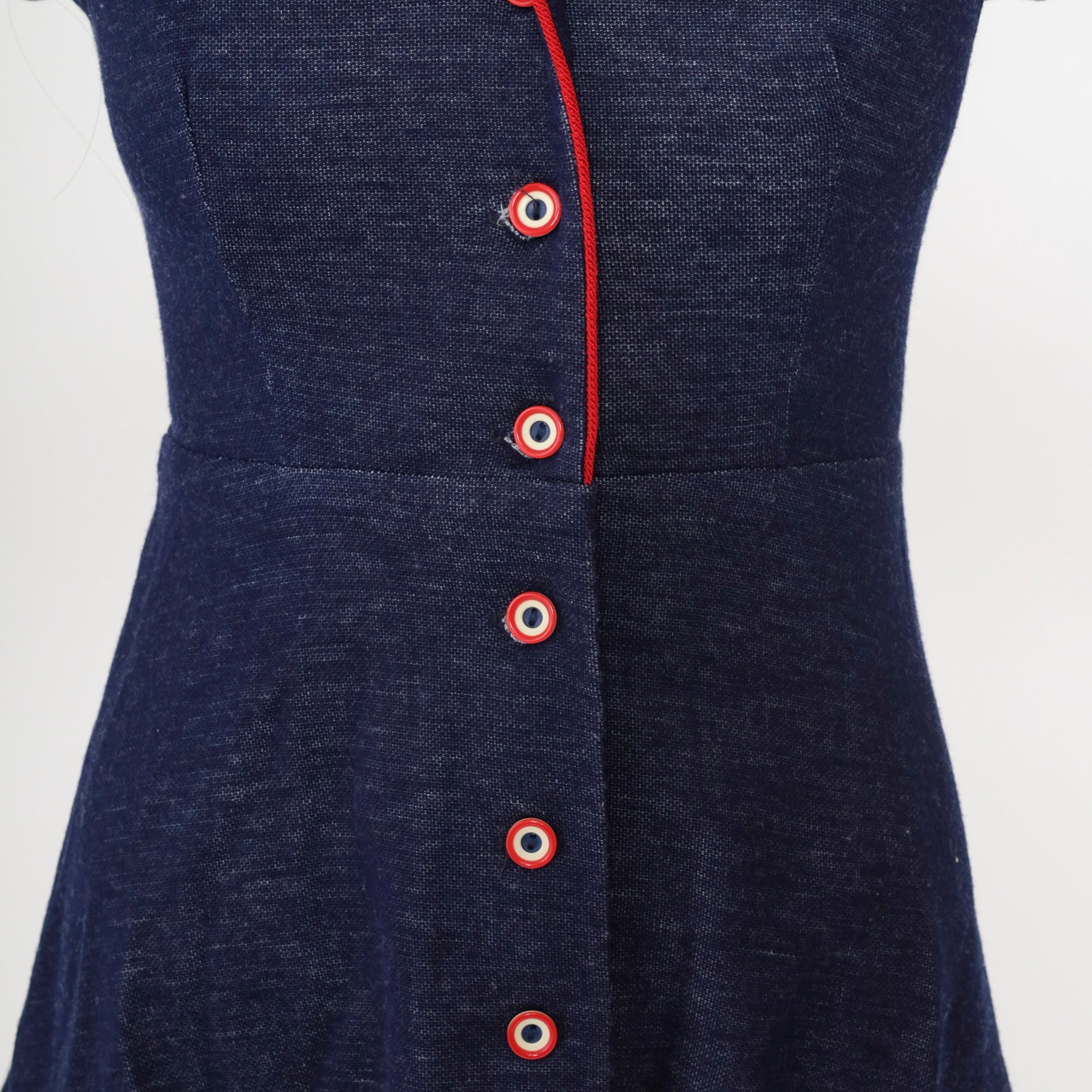 70s Dark Blue Mini Dress Cap Sleeve High Waist Button Up Flared Shirtdress Extra Small