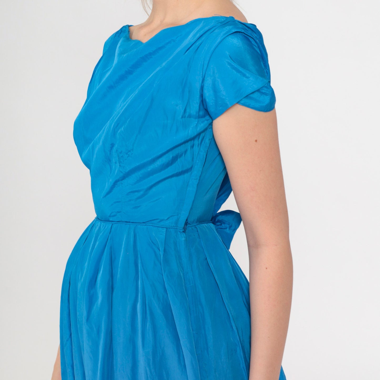 1950s Lorrie Deb San Francisco Blue Bow Cocktail Dress Cap Sleeve Extra Small