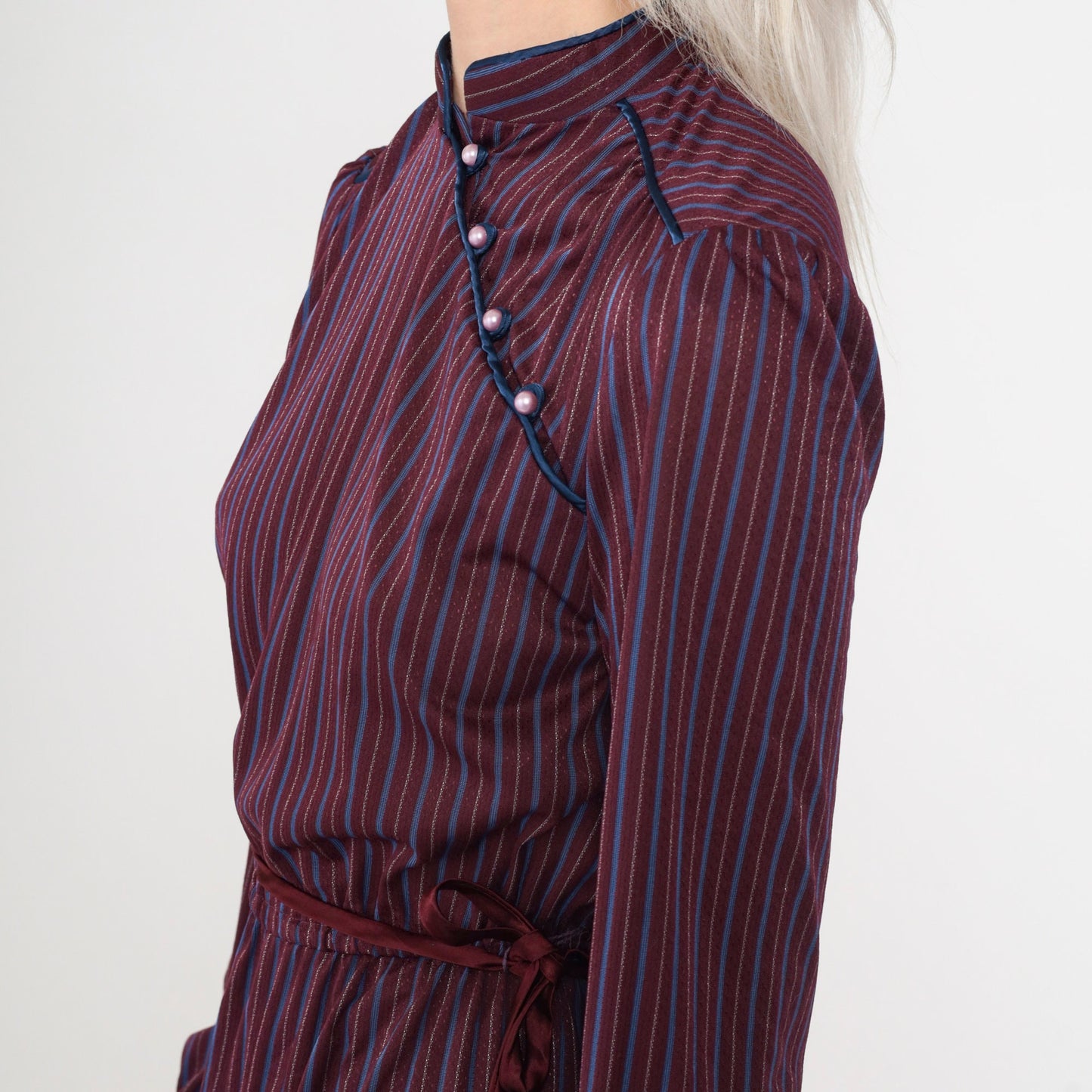 70s Jerri Jee Mandarin Collar Midi Dress Plum Striped Puff Sleeve Extra Small