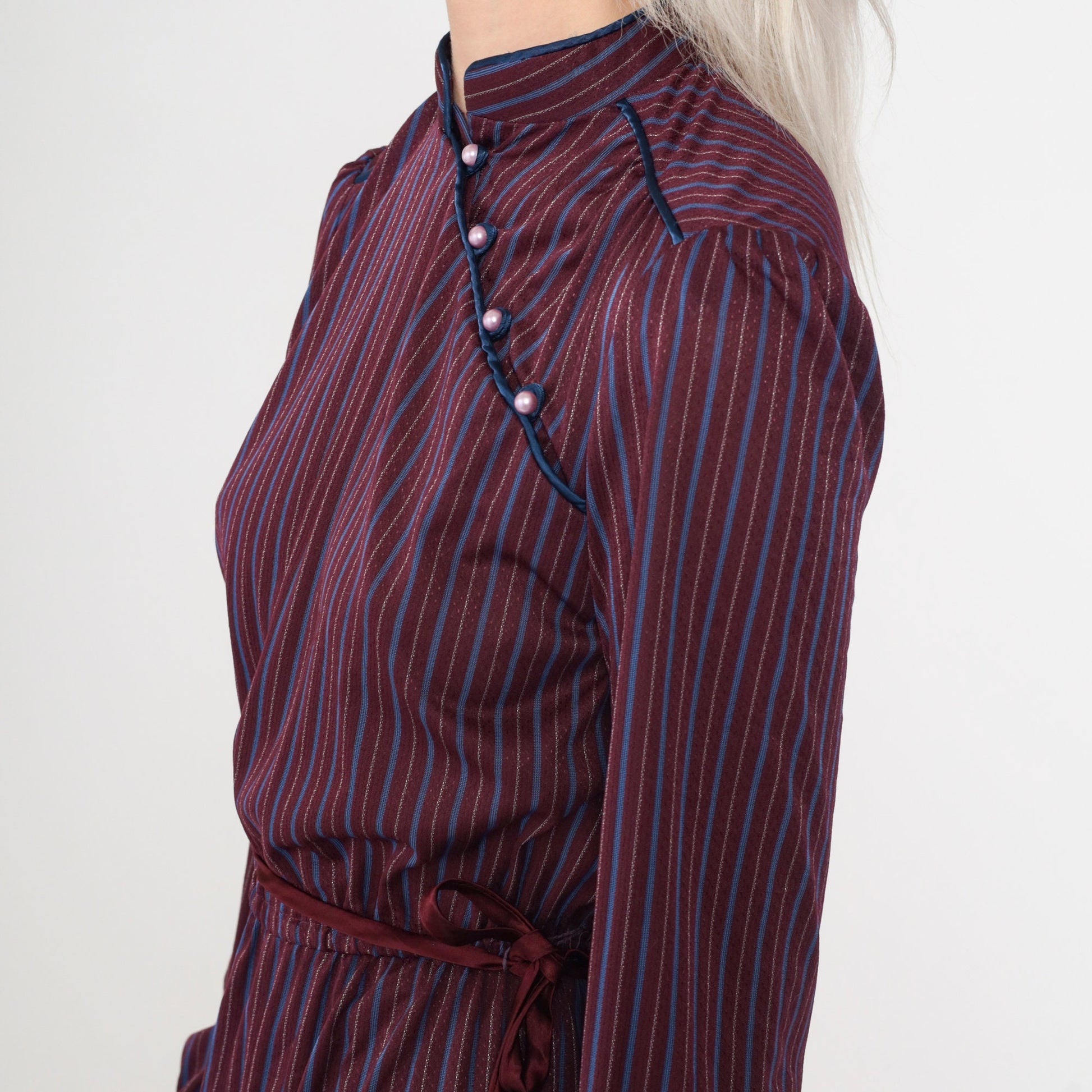 70s Jerri Jee Mandarin Collar Midi Dress Plum Striped Puff Sleeve Extra Small