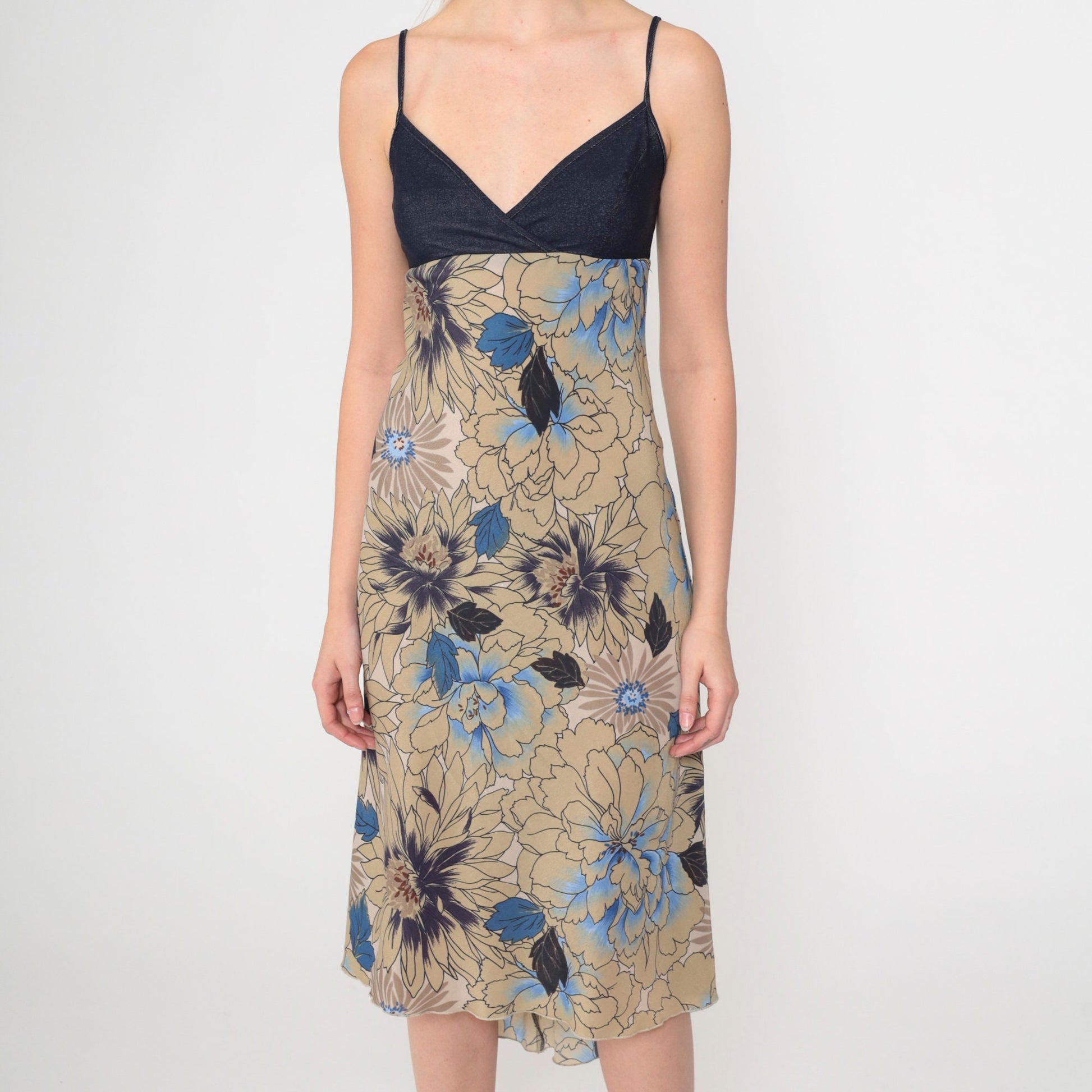 Y2K Dark Blue Denim Floral High-Low Midi Sundress Empire Waist Extra Small