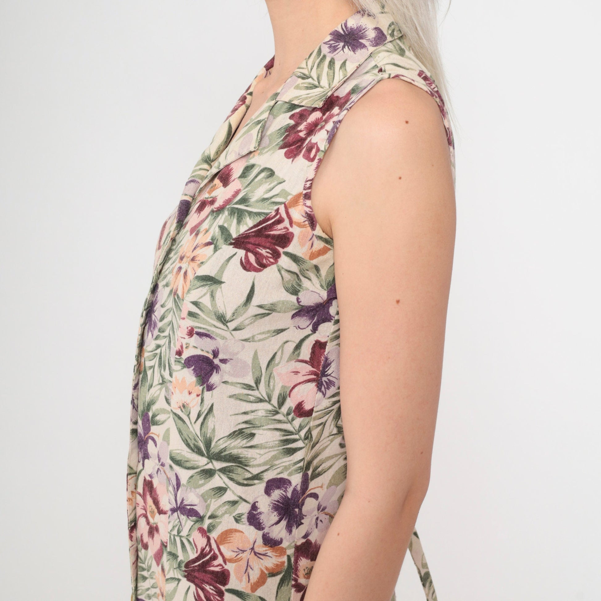 90s Tropical Floral Silk Midi Dress Cream Button-Front Sleeveless Small