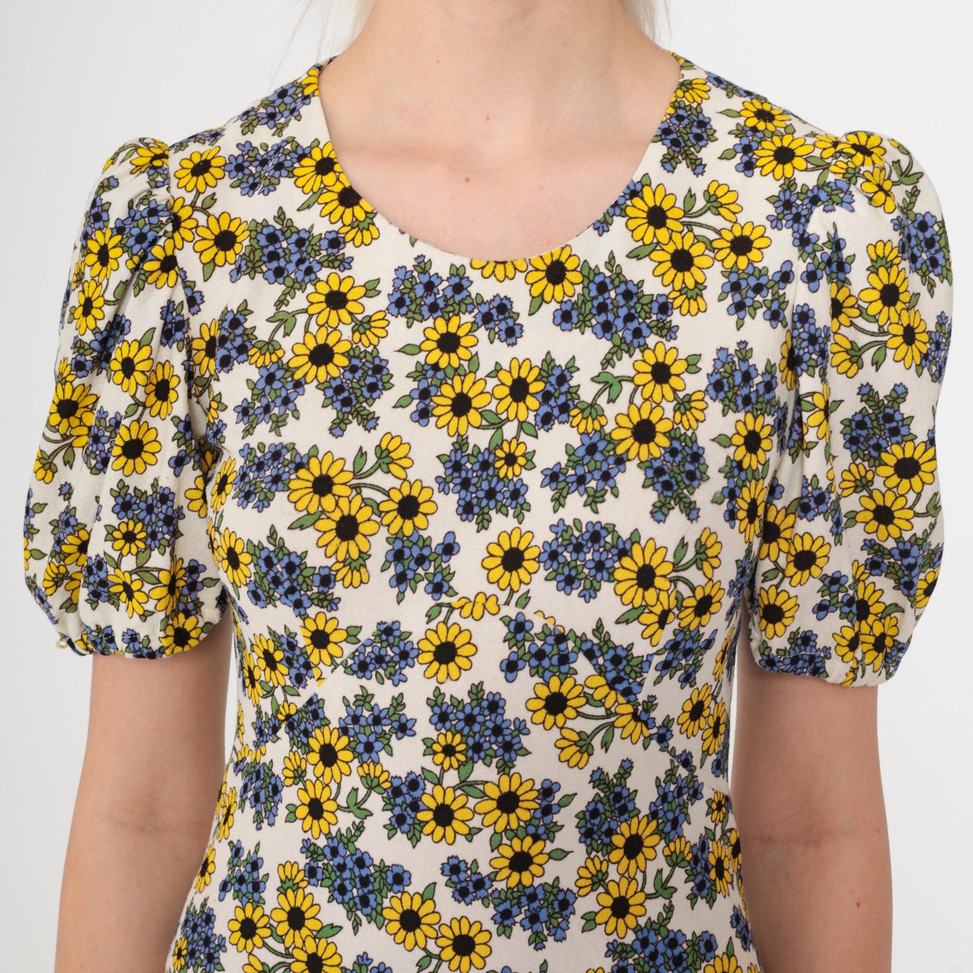 70s Floral Puff Sleeve Mini Dress Empire Waist Sunflower Print Extra Small