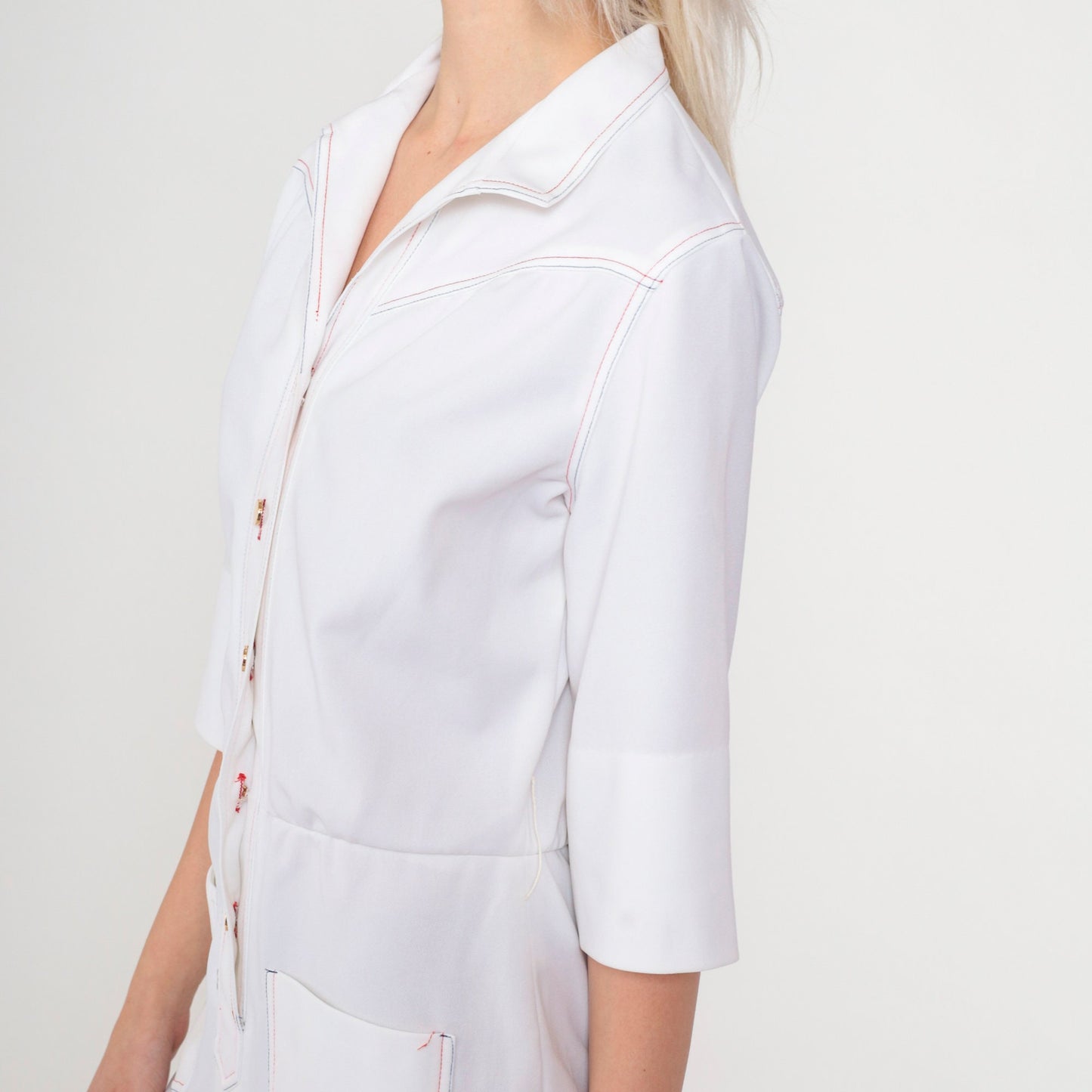 70s White Button-Up Jumpsuit High Waisted Straight Leg 3/4 Sleeve Small
