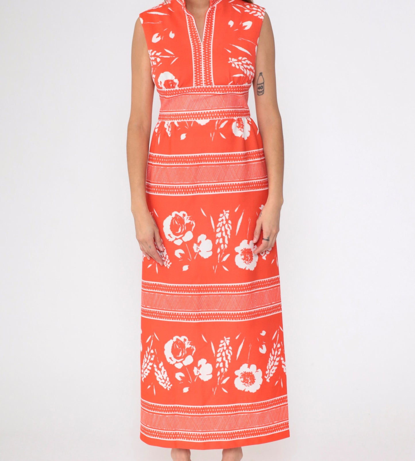 70s Orange Striped Floral Maxi Dress High Waist Mandarin Collar Small