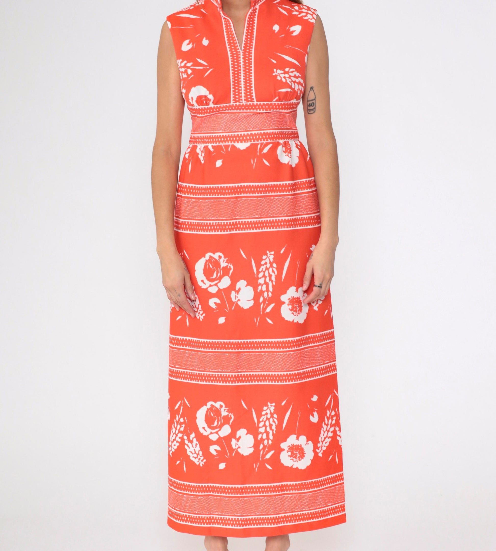70s Orange Striped Floral Maxi Dress High Waist Mandarin Collar Small