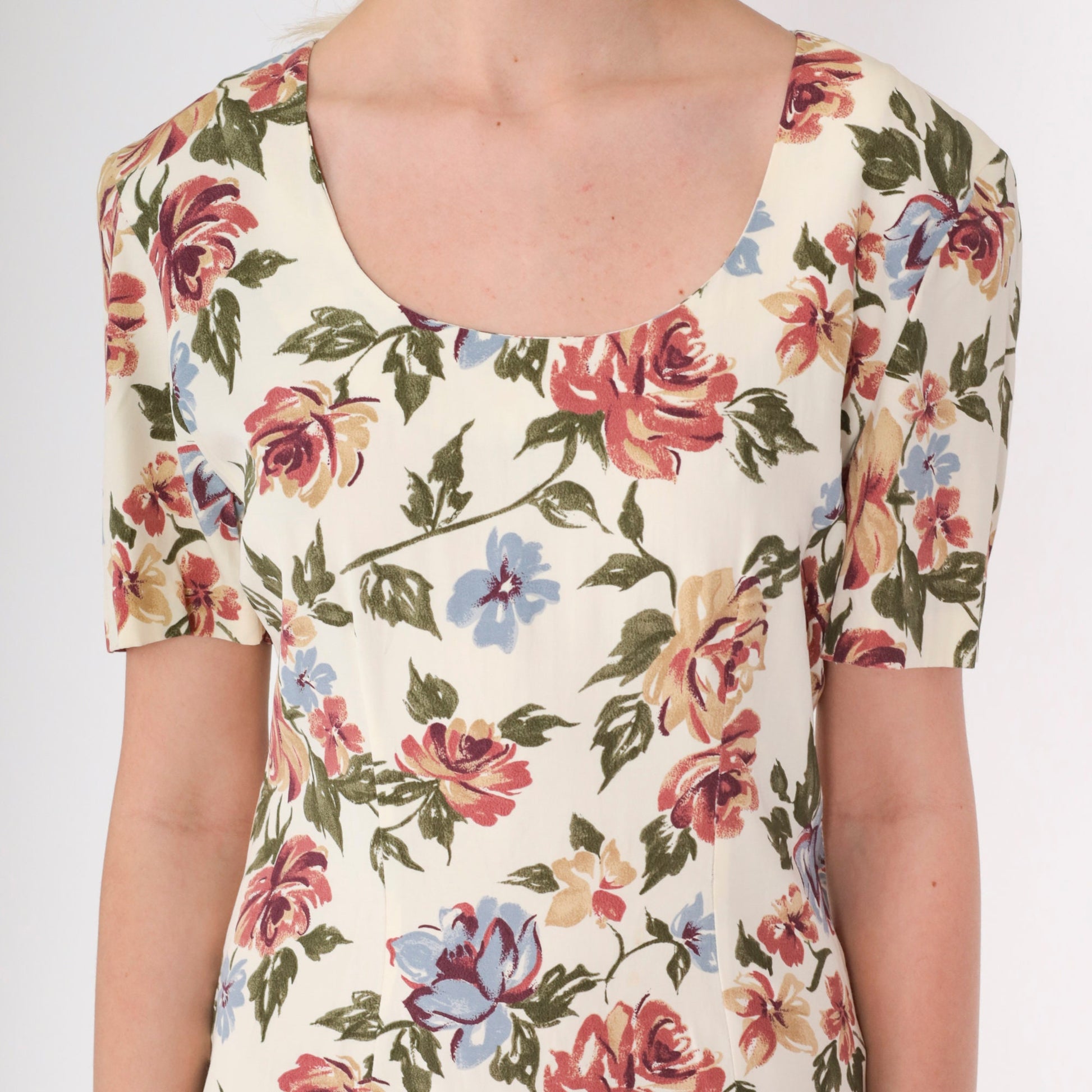 90s Pale Yellow Floral Mini Dress Scoop Neck Short Sleeve Small