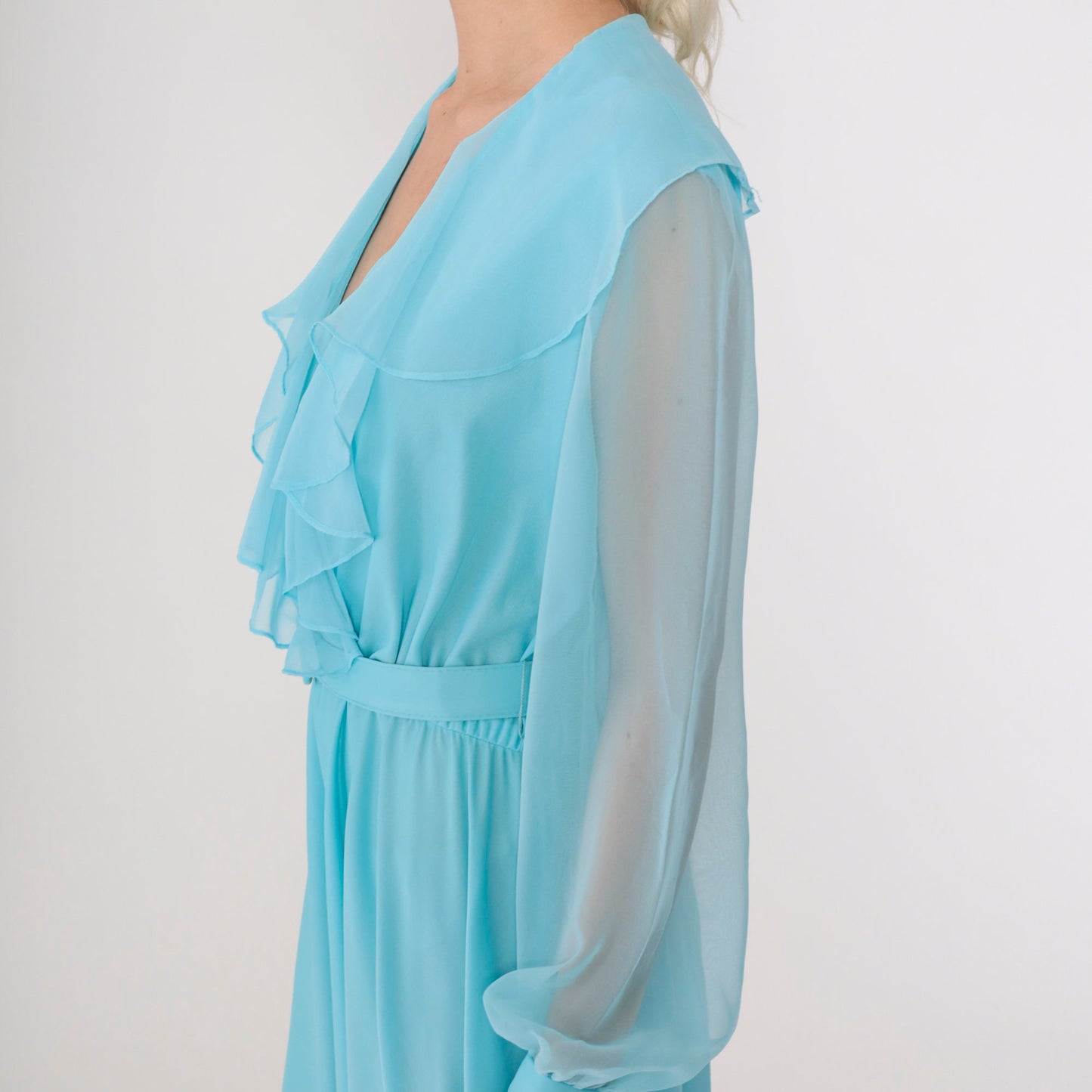 70s Blue Chiffon Midi Dress Ruffled V-Neck High Waist Sheer Sleeves Medium M
