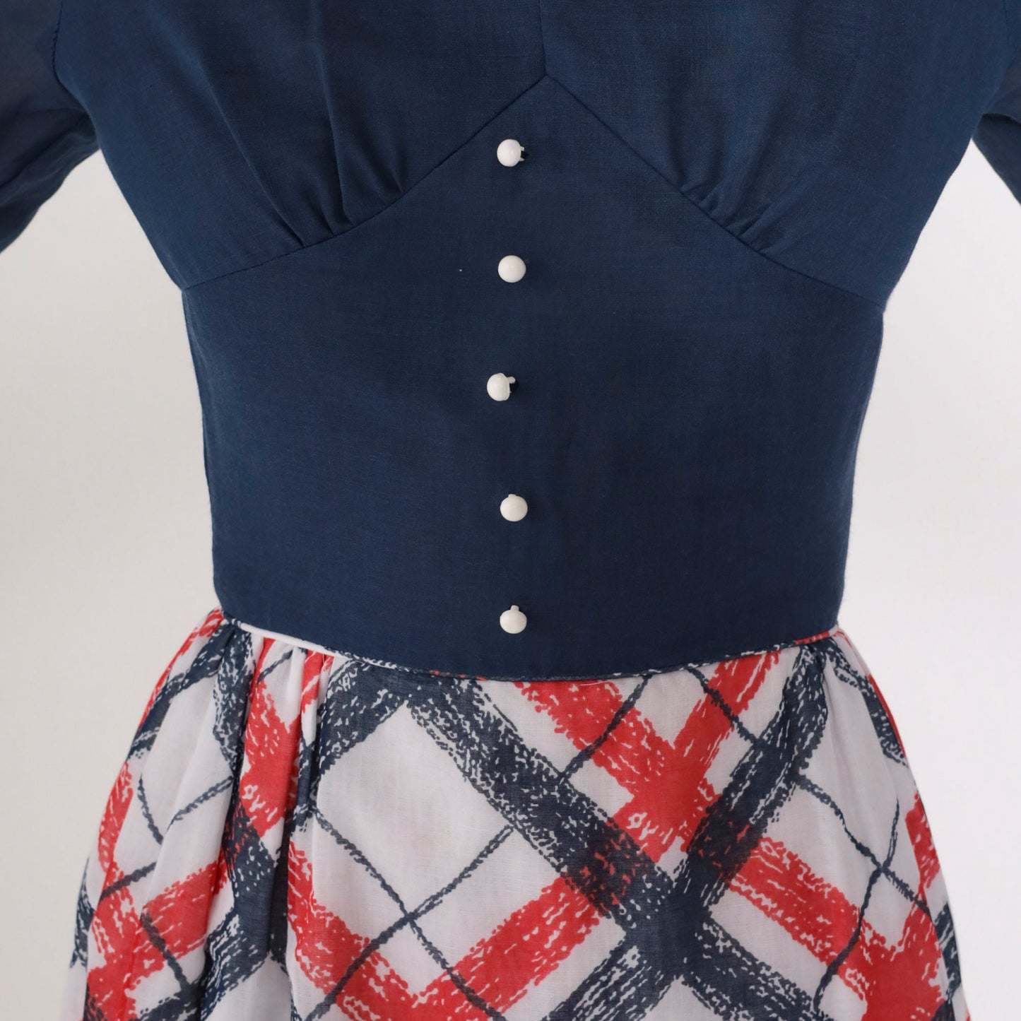 70s Checkered Maxi Dress Puff Sleeve High Waist Dark Blue Red White XXS