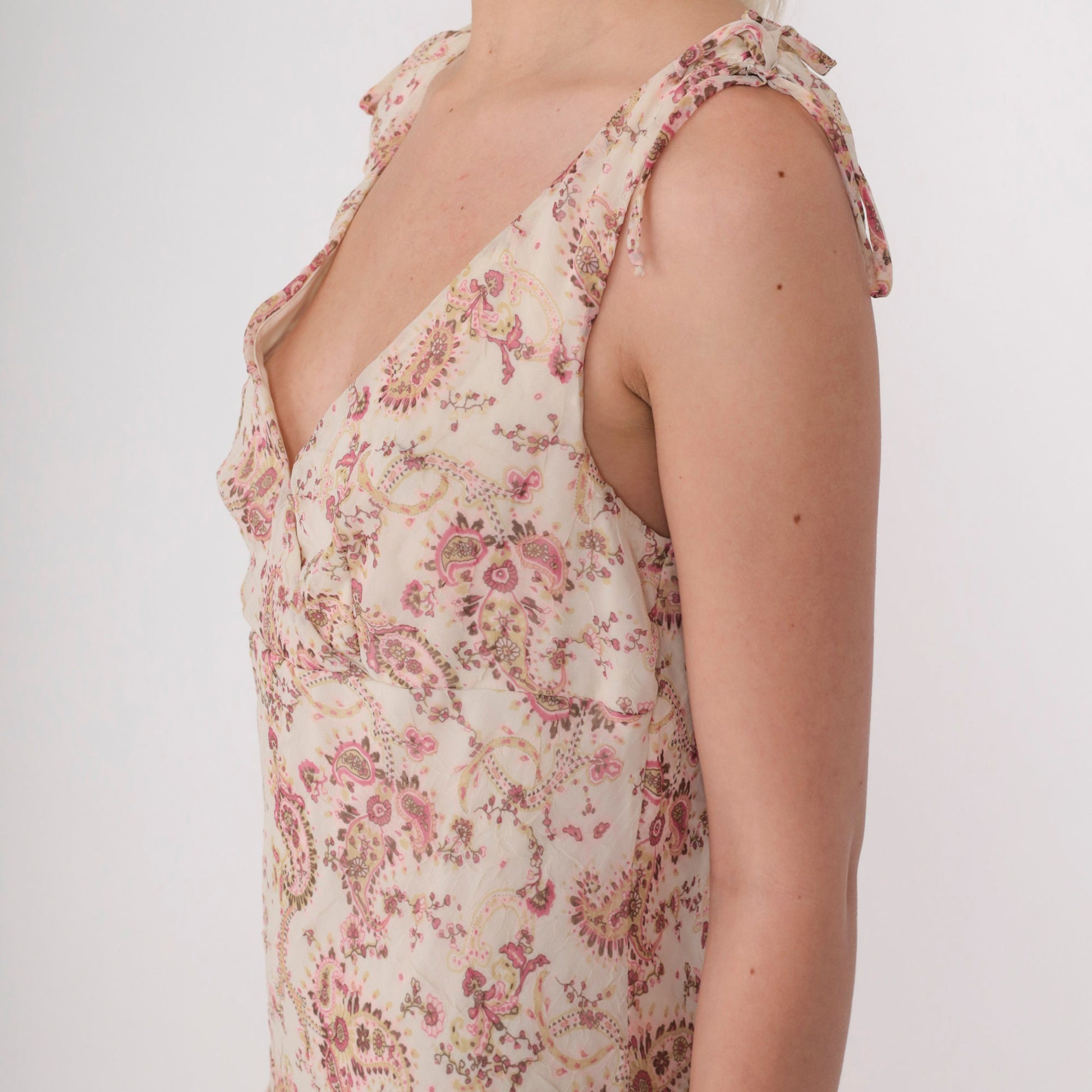 Y2K Paisley Chiffon Midi Dress Off-White Pink Empire Waist Surplice Medium