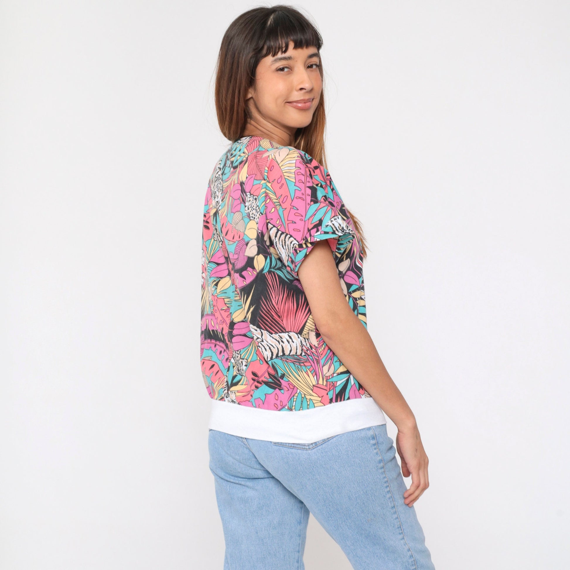 80s Jungle Animal Print V-Neck Shirt Tiger Leopard Safari Top Medium