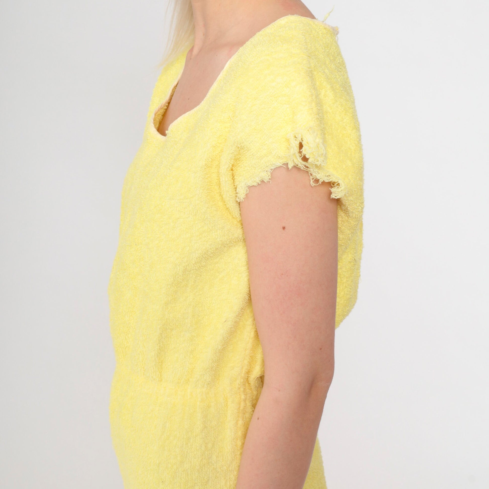 80s Yellow Terry Cloth Romper Playsuit Frayed Cap Sleeve Elastic Waist Extra Small